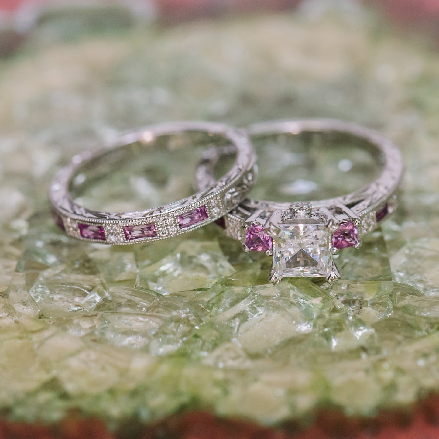 Baguette Blue Sapphire Diamond Scroll Engraved Wedding Band