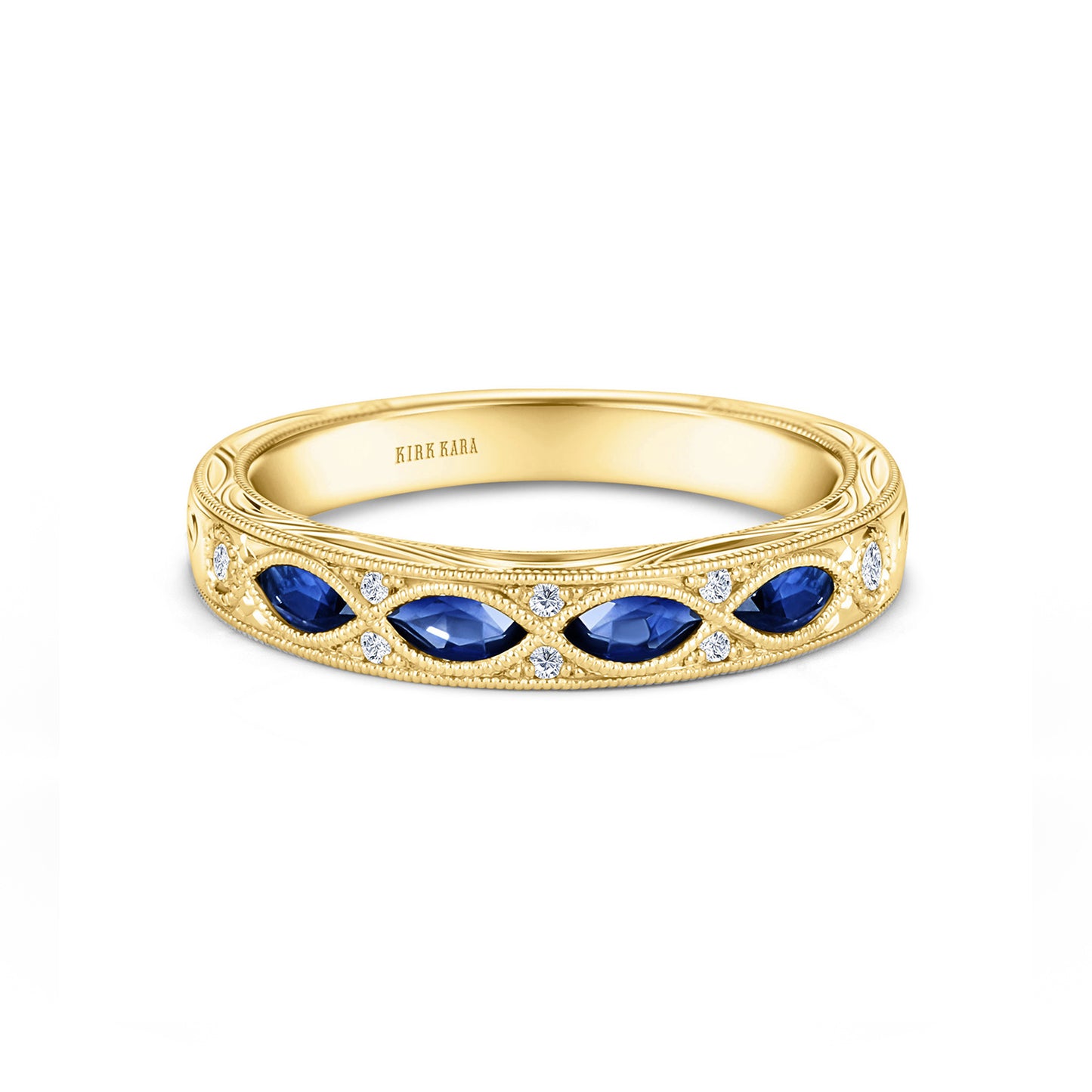 Engraved Blue Sapphire Floral Diamond Wedding Band