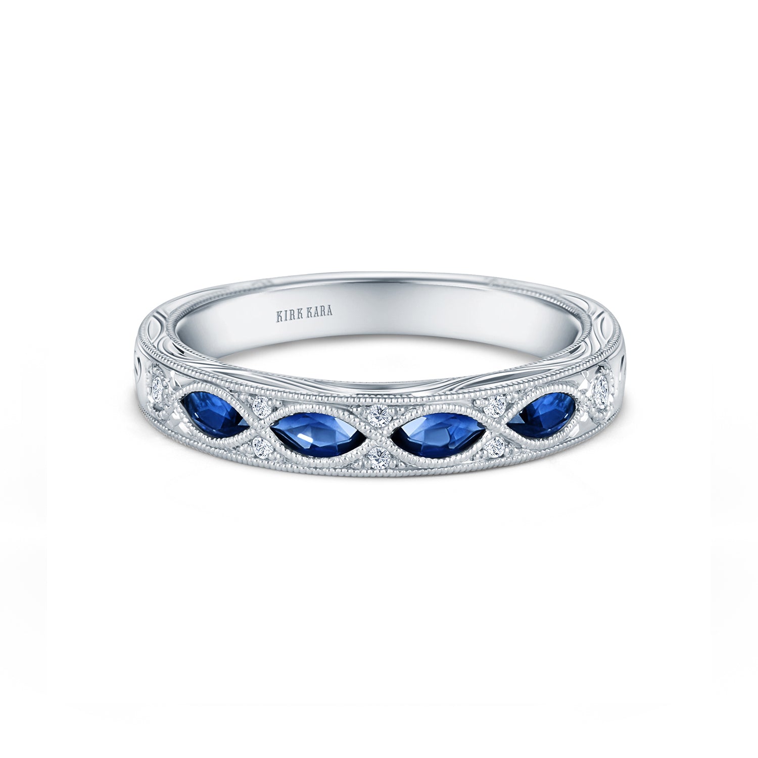 Engraved Blue Sapphire Floral Diamond Wedding Band