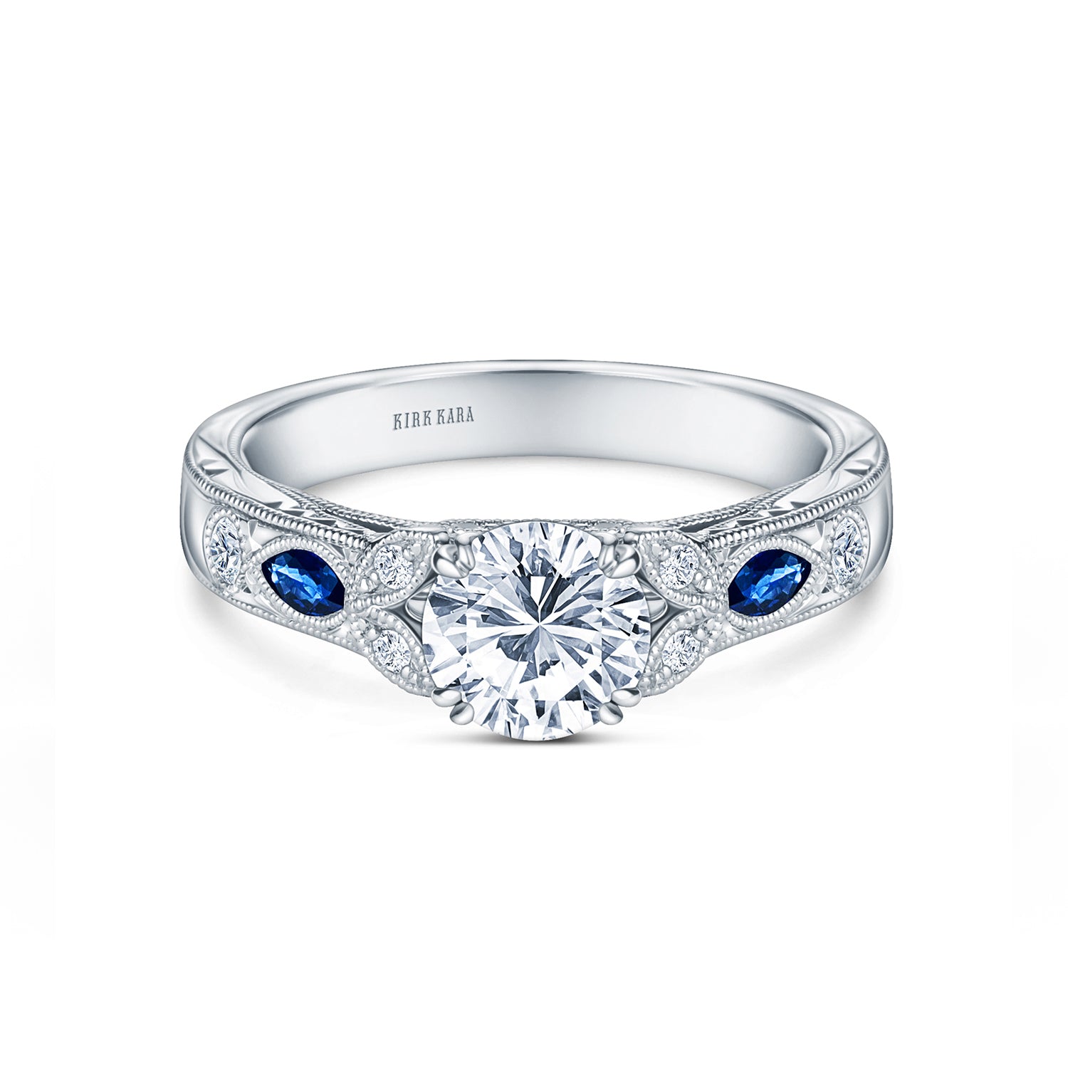 Blue Sapphire Floral Diamond Engraved Engagement Ring