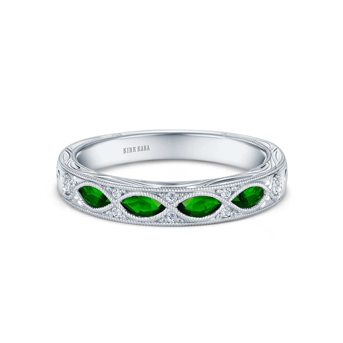 Engraved Tsavorite Floral Diamond Wedding Band