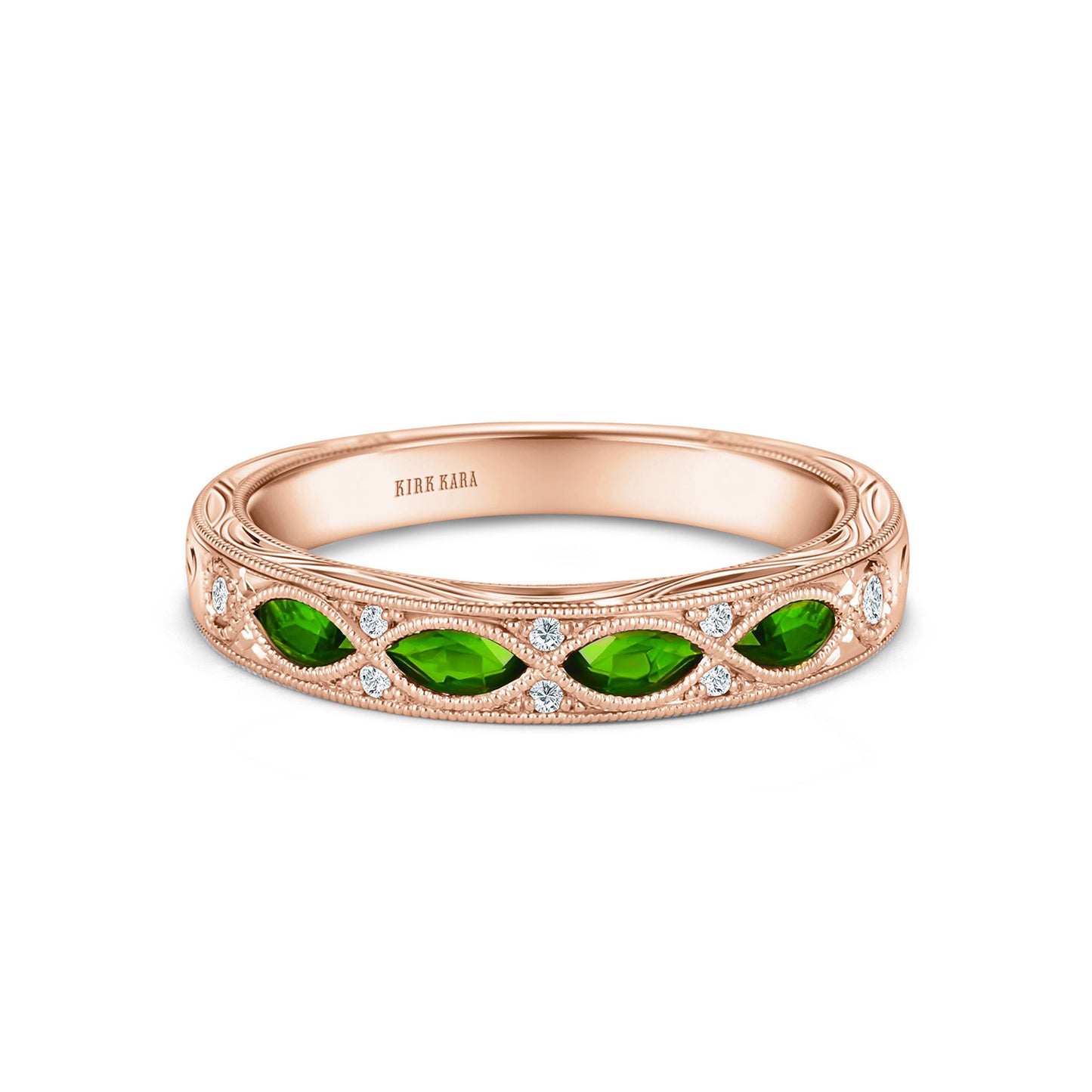 Engraved Tsavorite Floral Diamond Wedding Band