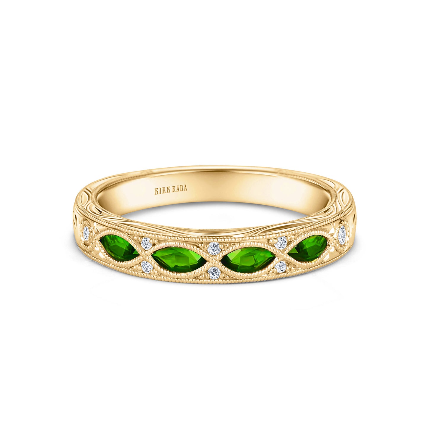 Engraved Tsavorite Floral Diamond Wedding Band