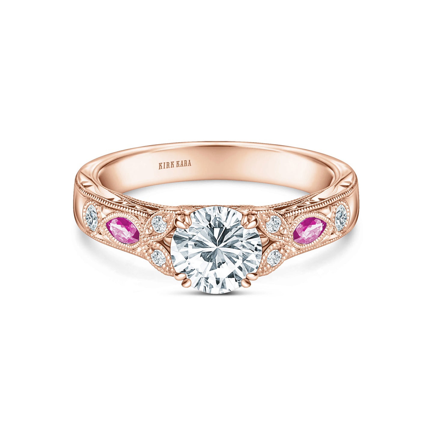 Pink Sapphire Diamond Engraved Engagement Ring