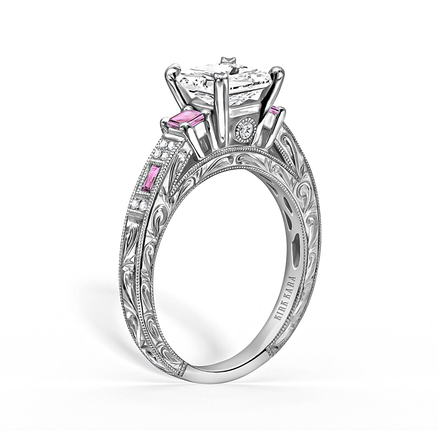 Deco Three Stone Pink Sapphire Diamond Engagement Ring