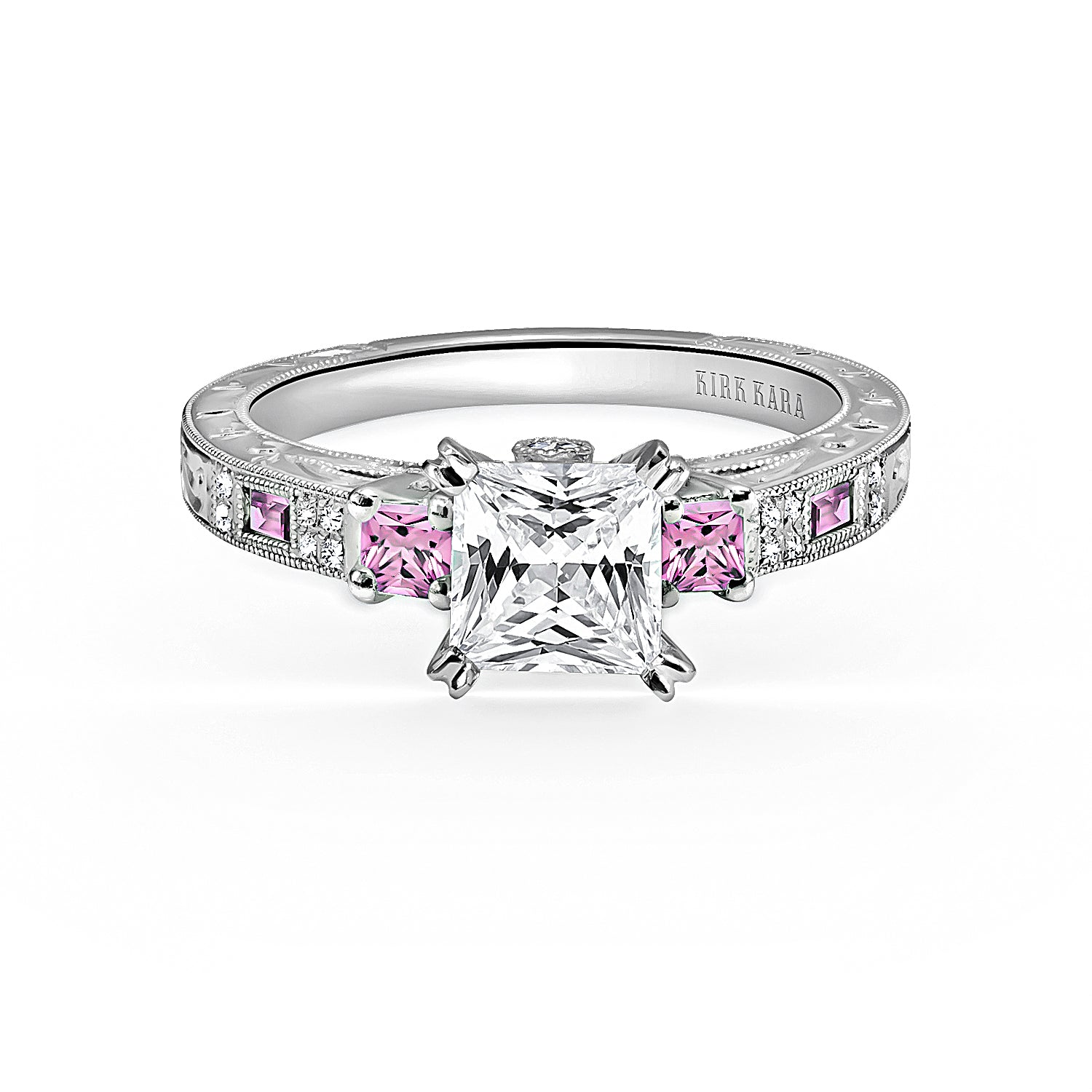 Deco Three Stone Pink Sapphire Diamond Engagement Ring