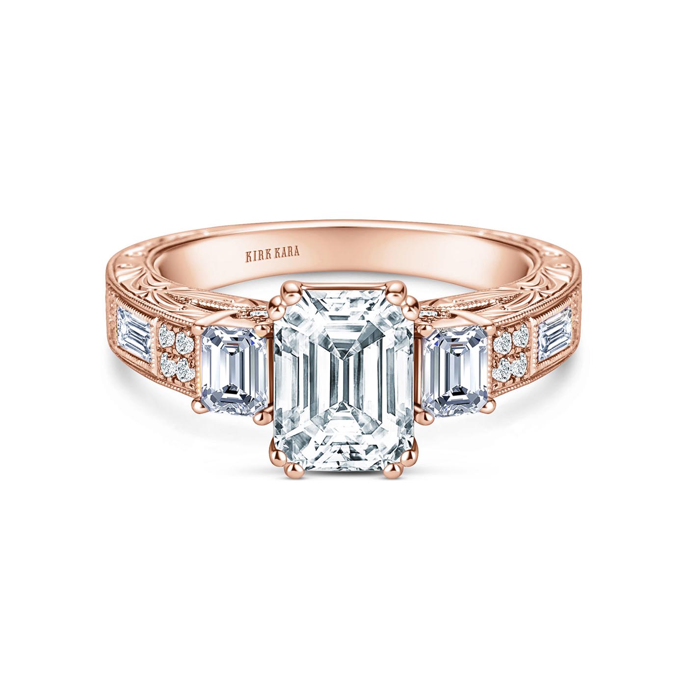 Deco Three Stone Engraved Baguette Diamond Engagement Ring