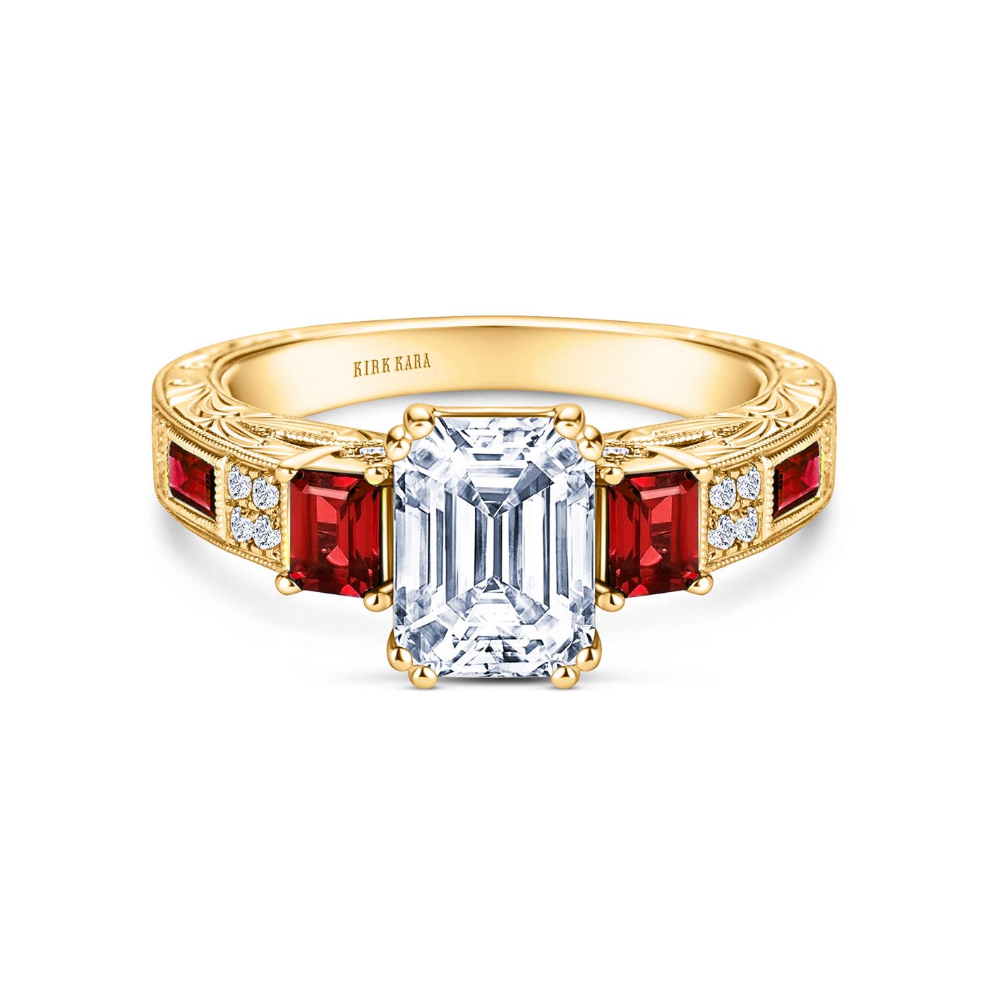 Deco Three Stone Engraved Ruby Baguette Diamond Engagement Ring