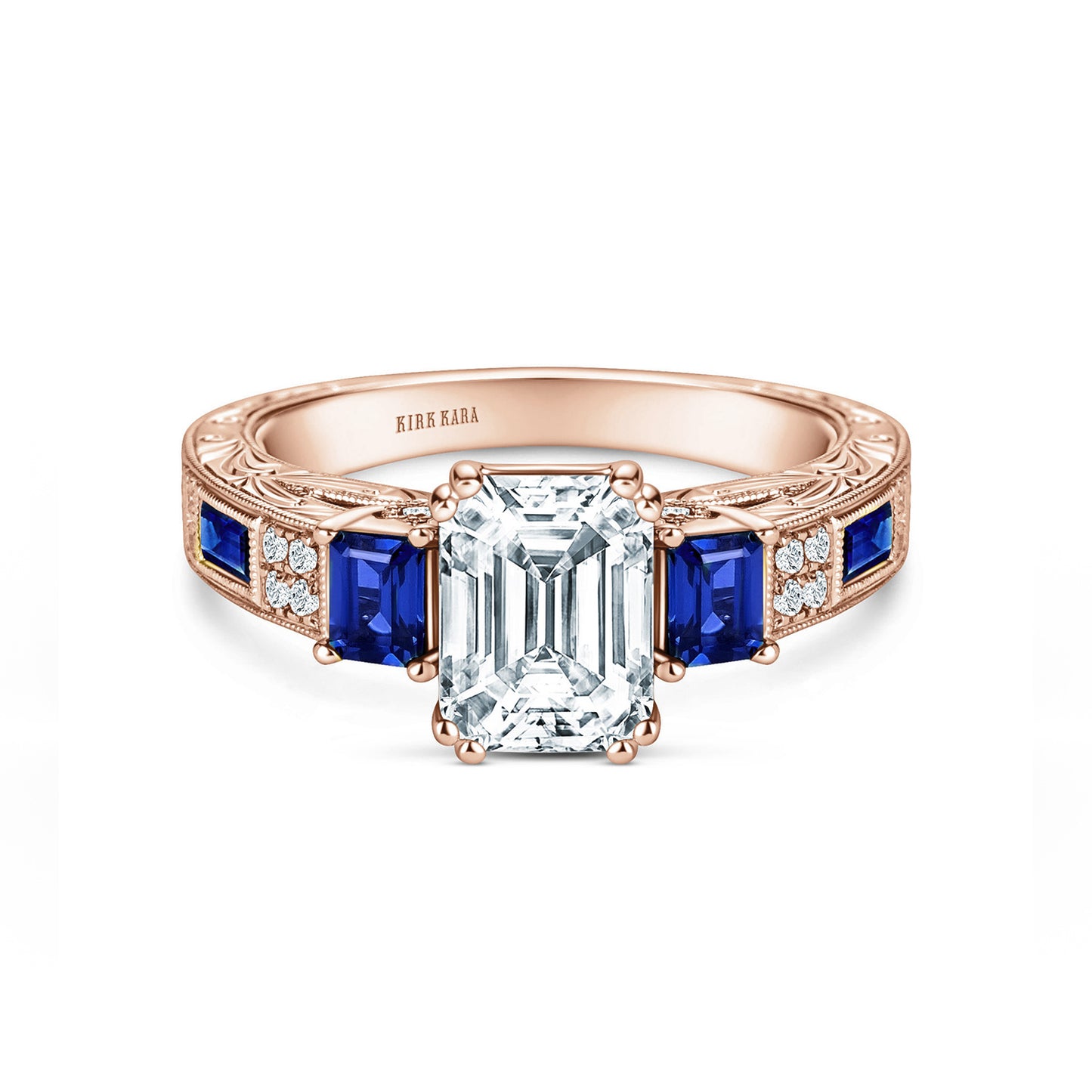 Deco Three Stone Engraved Blue Sapphire Baguette Diamond Engagement Ring