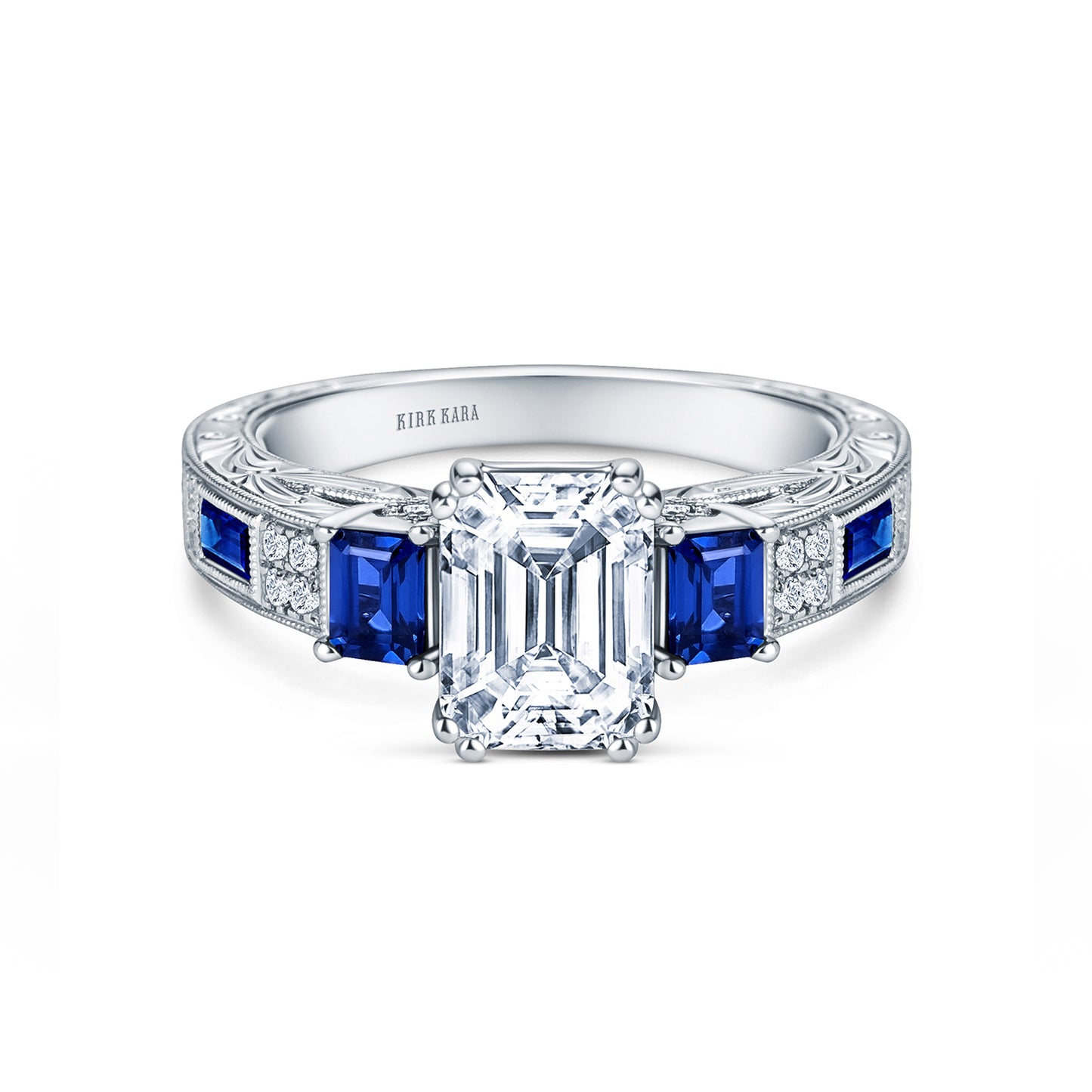 Deco Three Stone Engraved Blue Sapphire Baguette Diamond Engagement Ring
