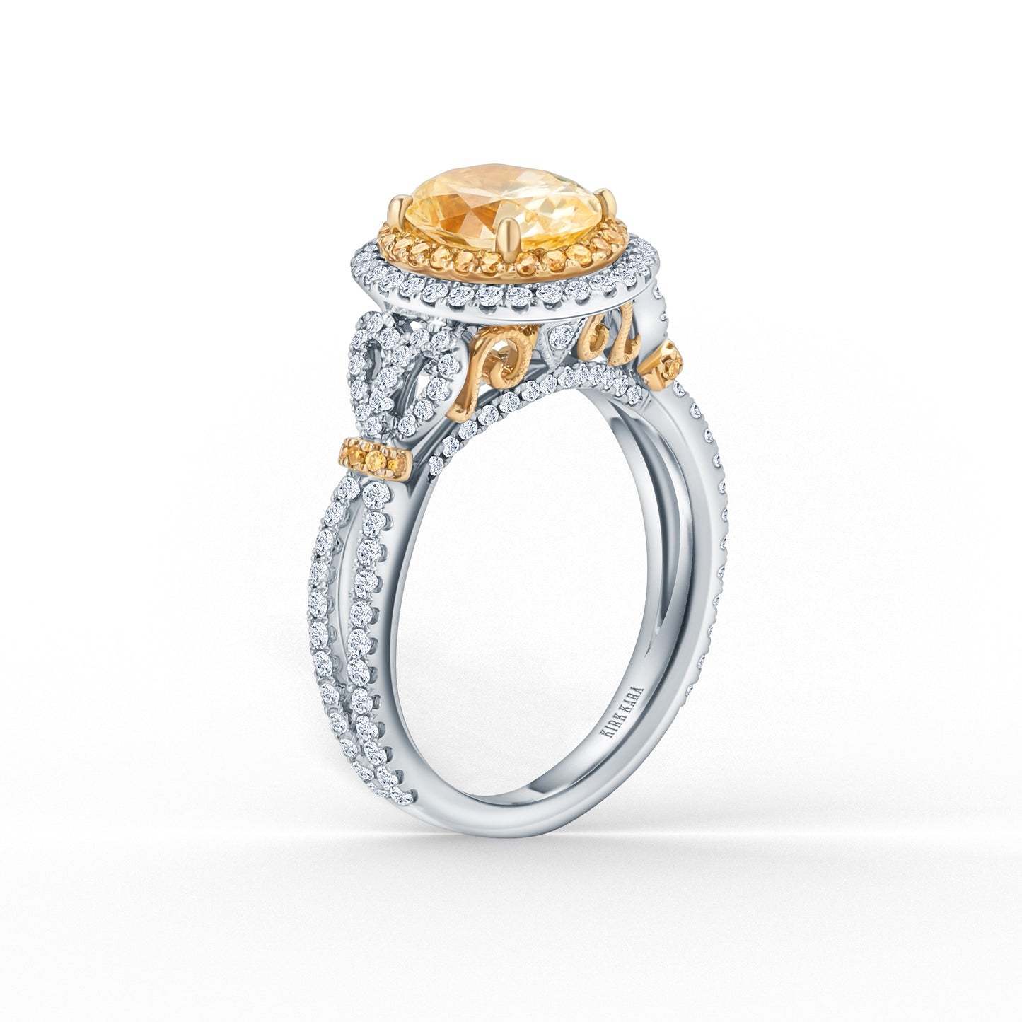 Romantic Bows Double Halo Yellow & White Diamond Engagement Ring