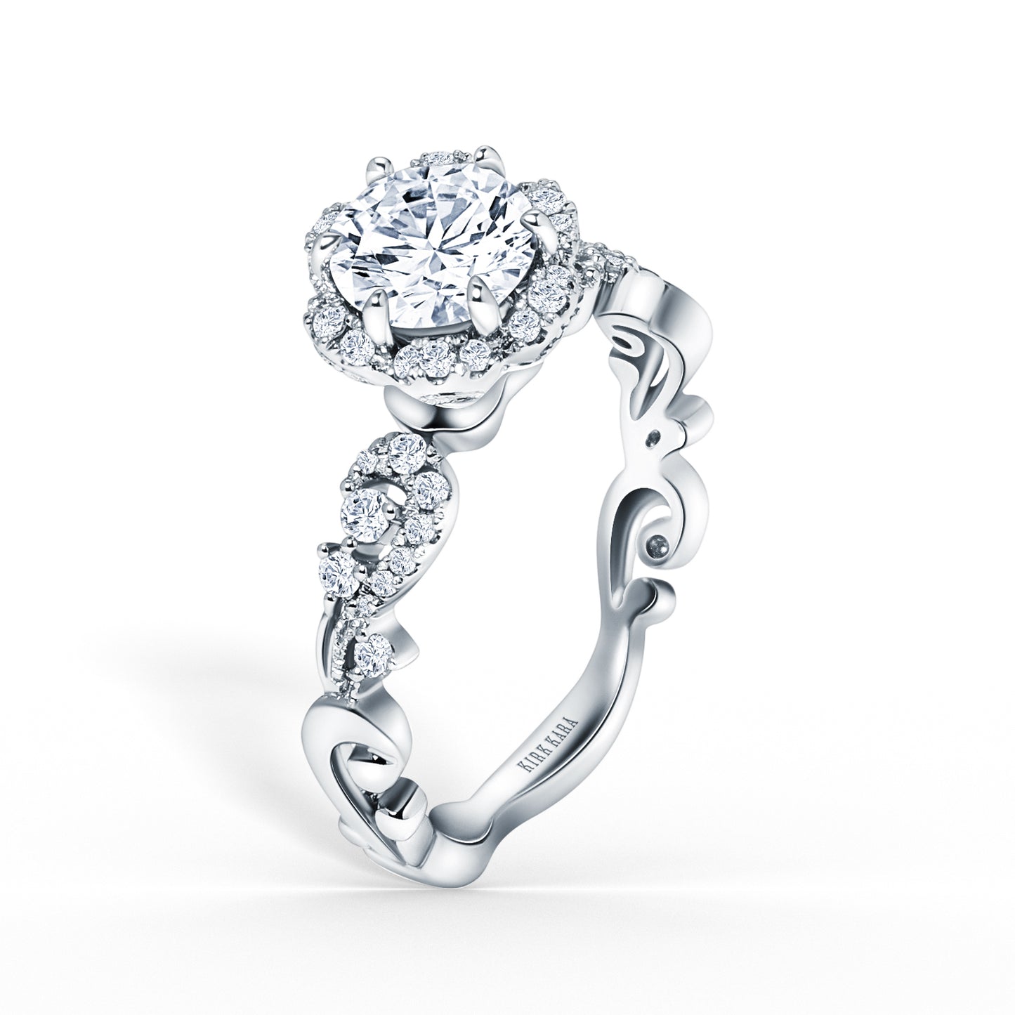 18K White Gold Artisan Crown Halo Diamond Engagement Ring