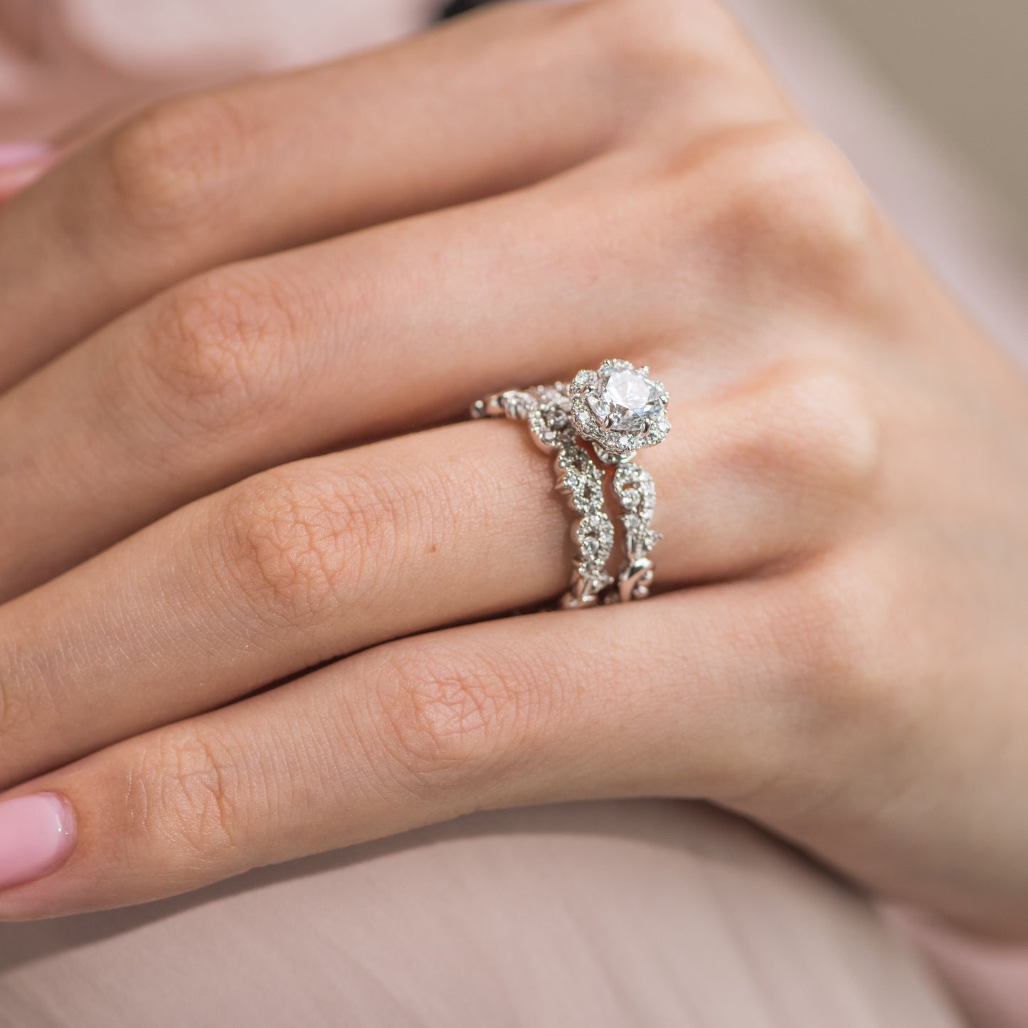 18K White Gold Artisan Crown Halo Diamond Engagement Ring