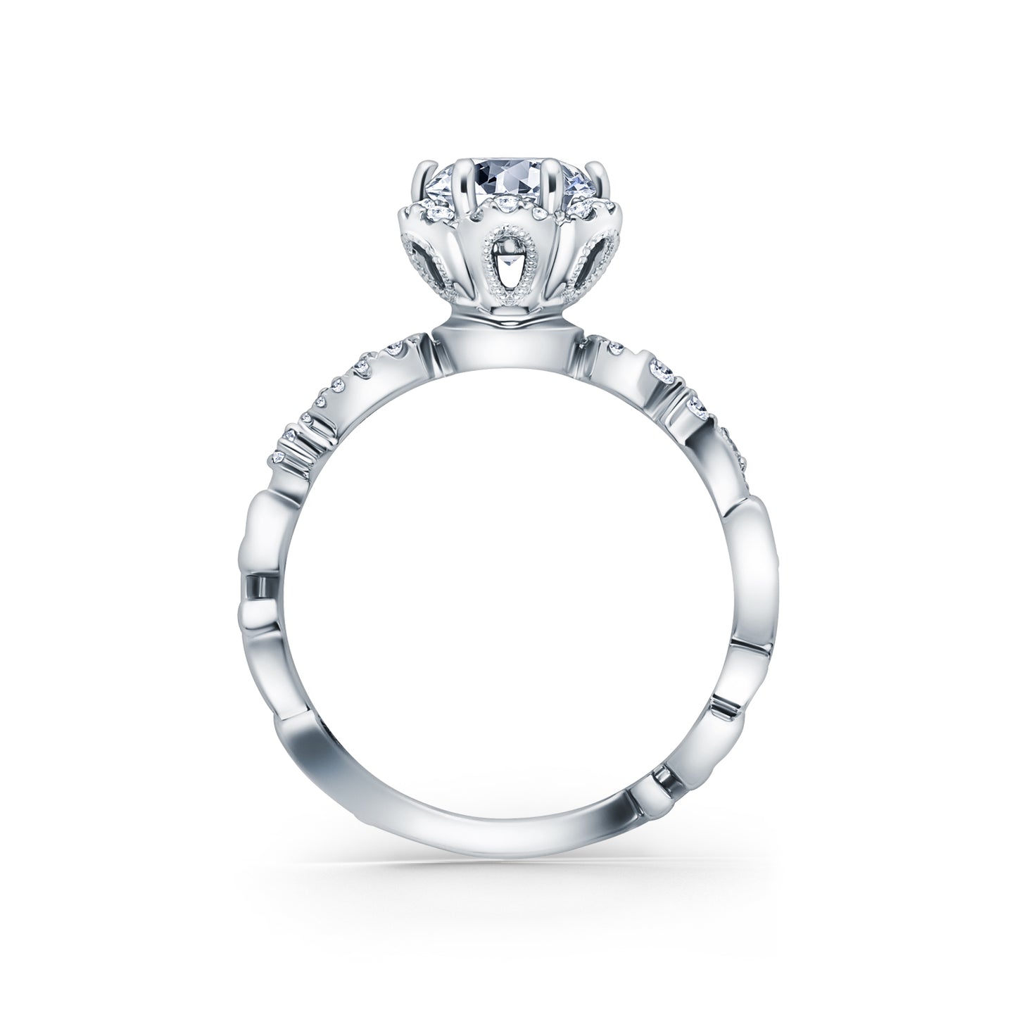 18K White Gold Artisan Crown Halo Diamond Engagement Ring