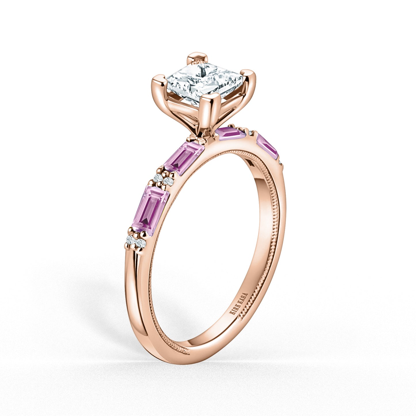 Pink Sapphire Baguette Diamond Engagement Ring