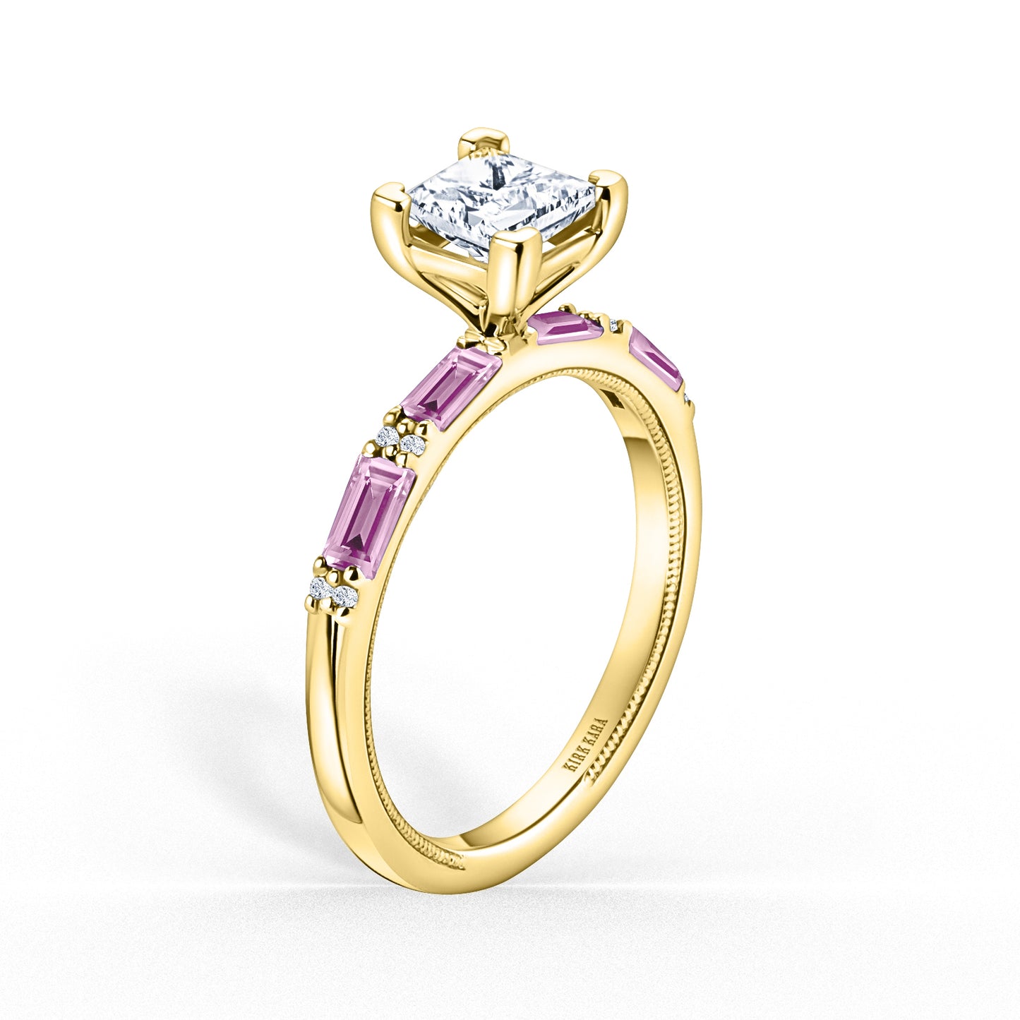 Pink Sapphire Baguette Diamond Engagement Ring