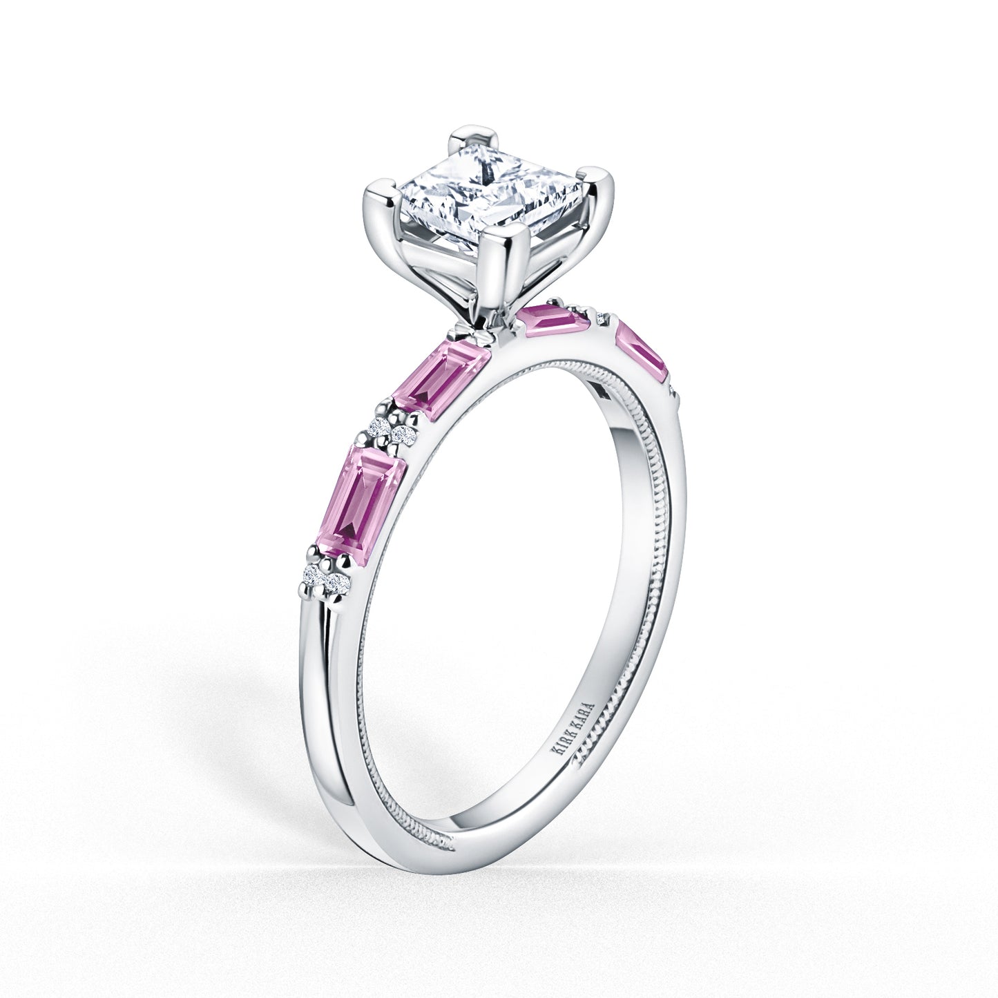 Pink Sapphire Baguette Diamond Engagement Ring