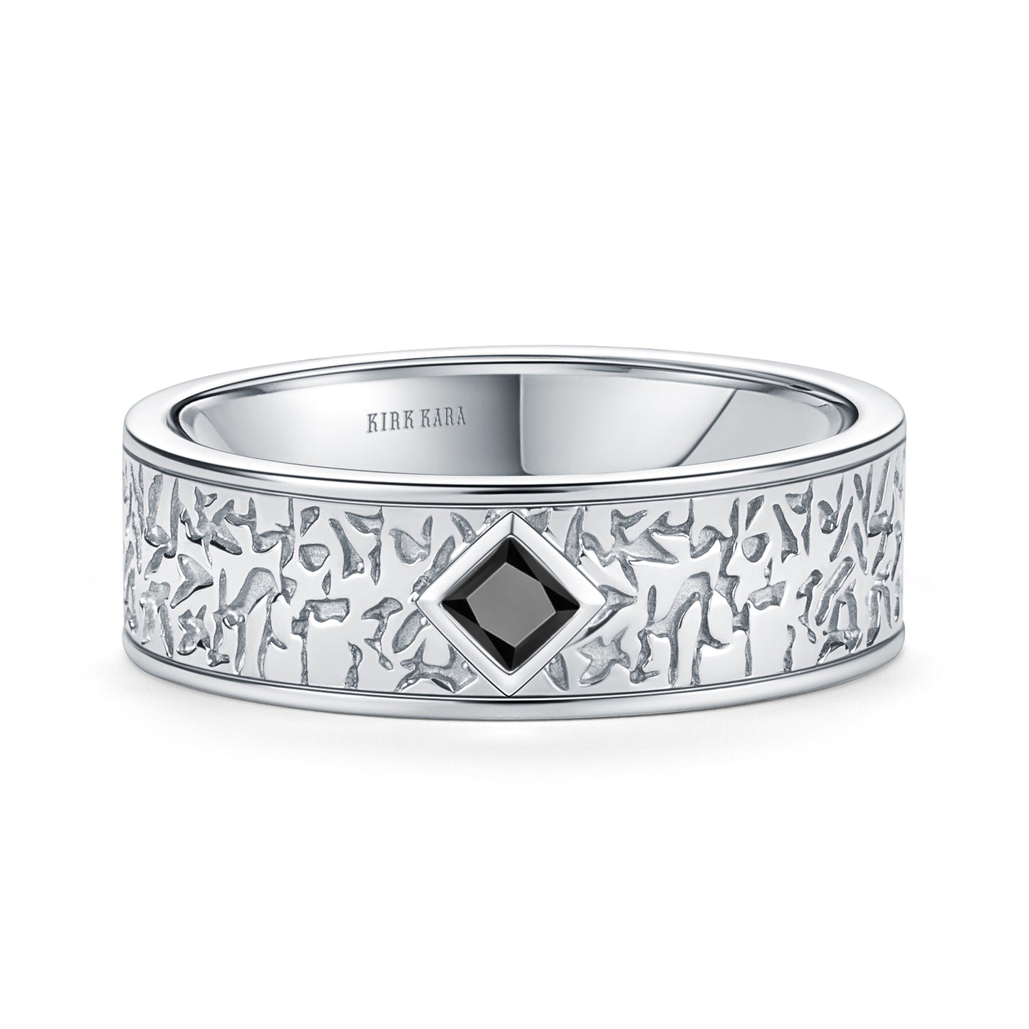 Bezel Black Diamond Nugget Engraved Wedding Band, 7mm