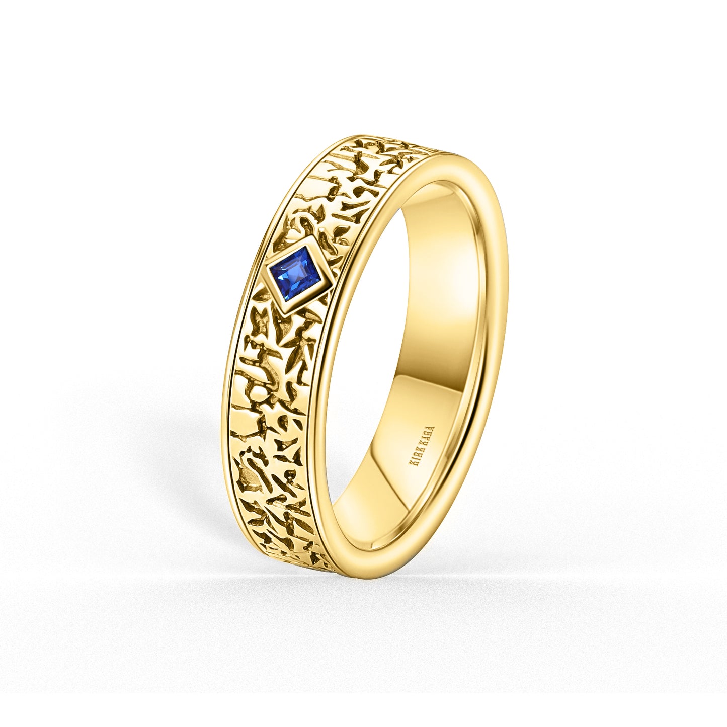 Thin Bezel Blue Sapphire Nugget Engraved Wedding Band, 5mm