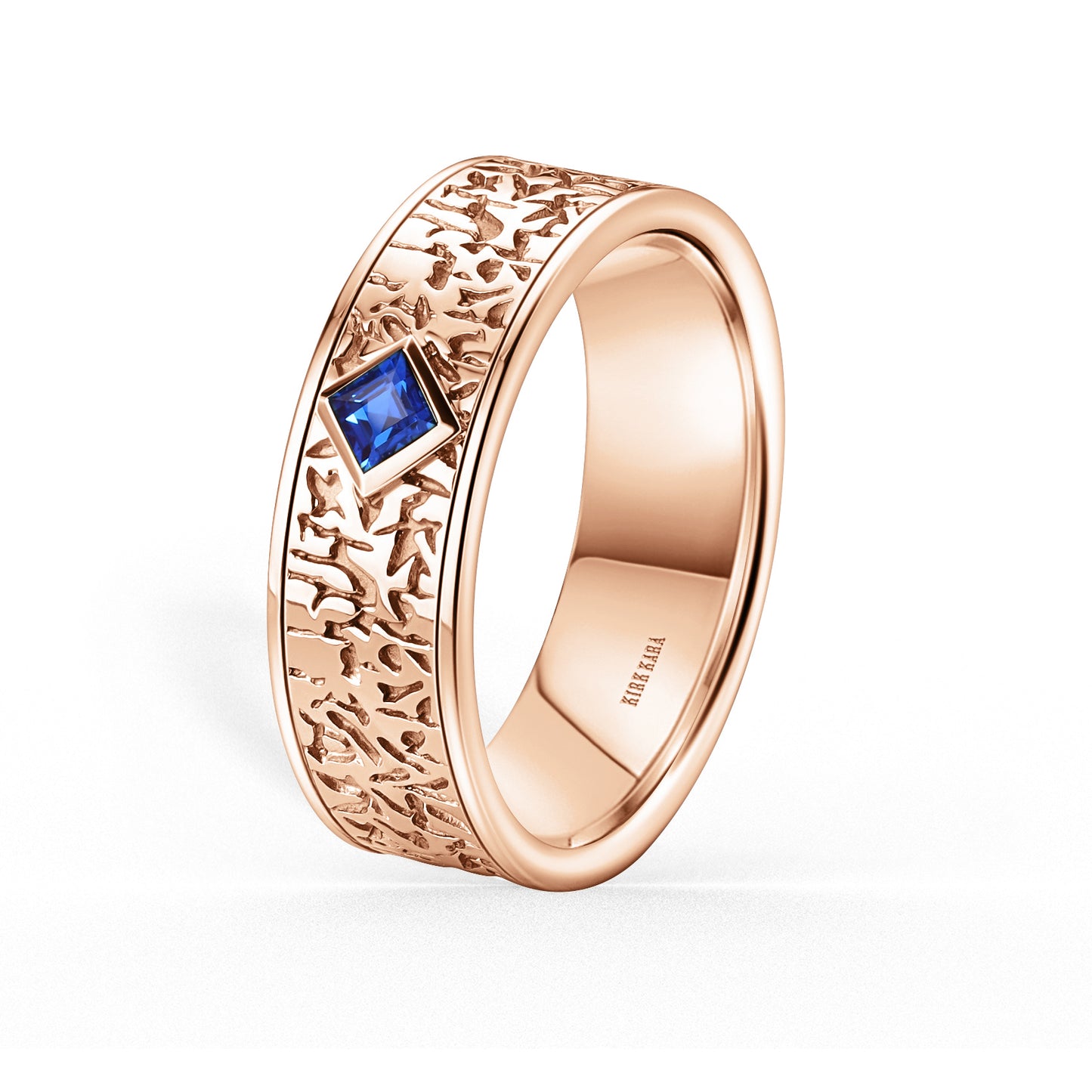 Bezel Blue Sapphire Nugget Engraved Wedding Band, 7mm