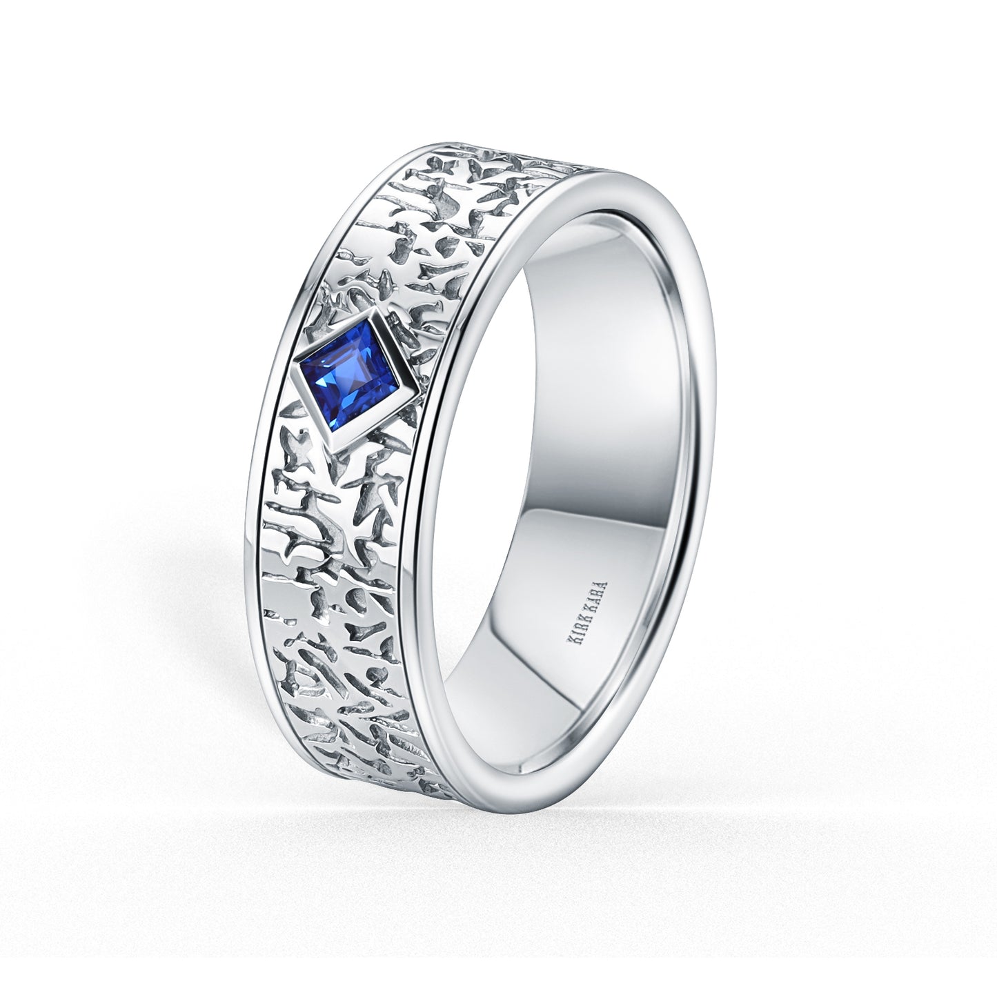 Bezel Blue Sapphire Nugget Engraved Wedding Band, 7mm