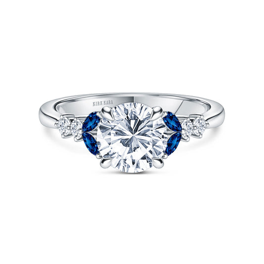 Marquise Blue Sapphire Accent Cathedral Engagement Ring