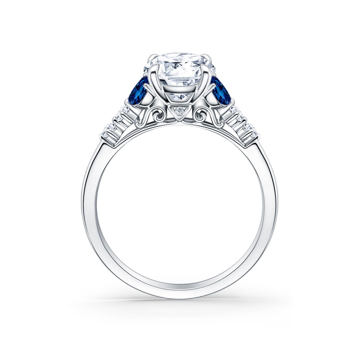 Marquise Blue Sapphire Accent Cathedral Engagement Ring