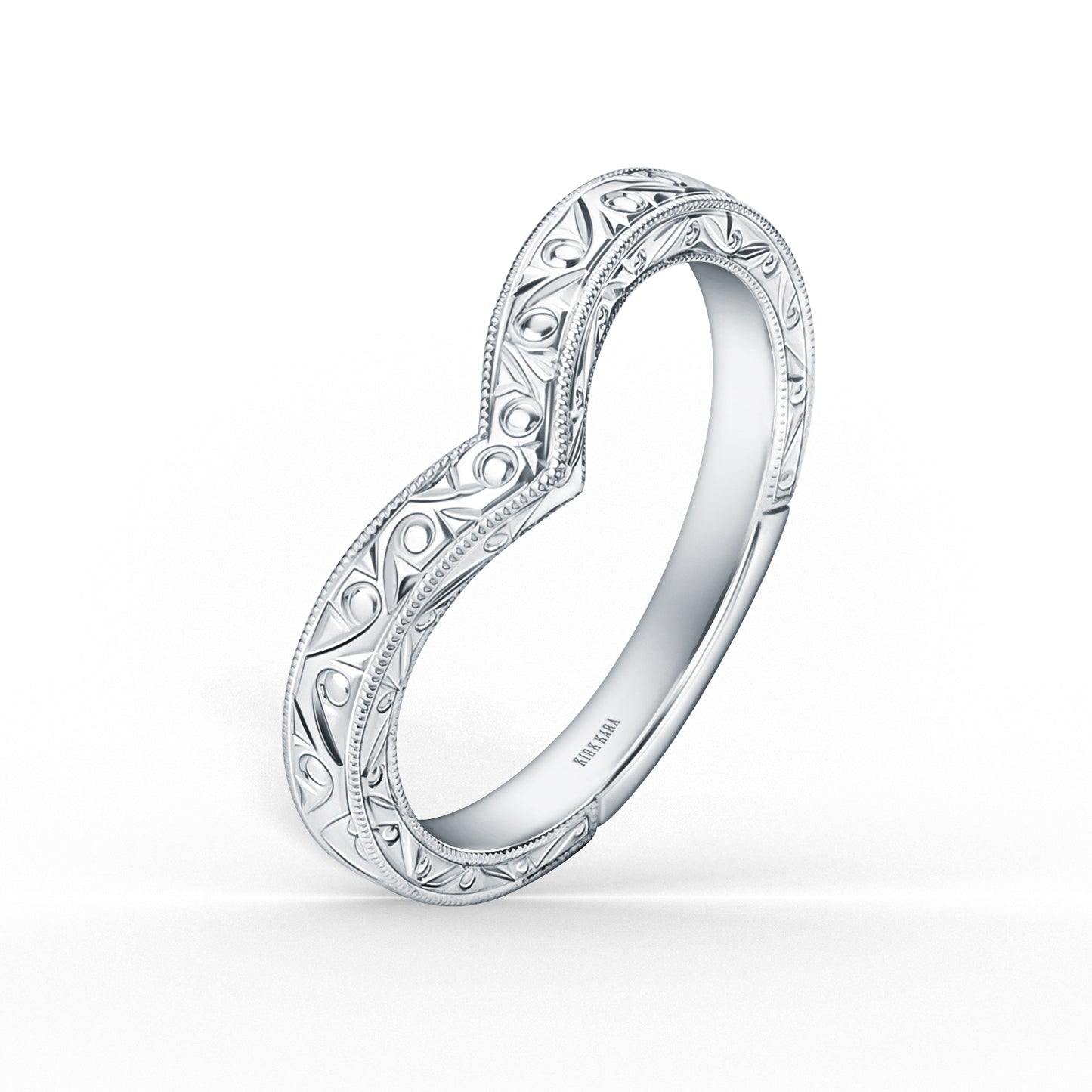 Scroll Engraved Milgrain V-Shaped Wedding Band