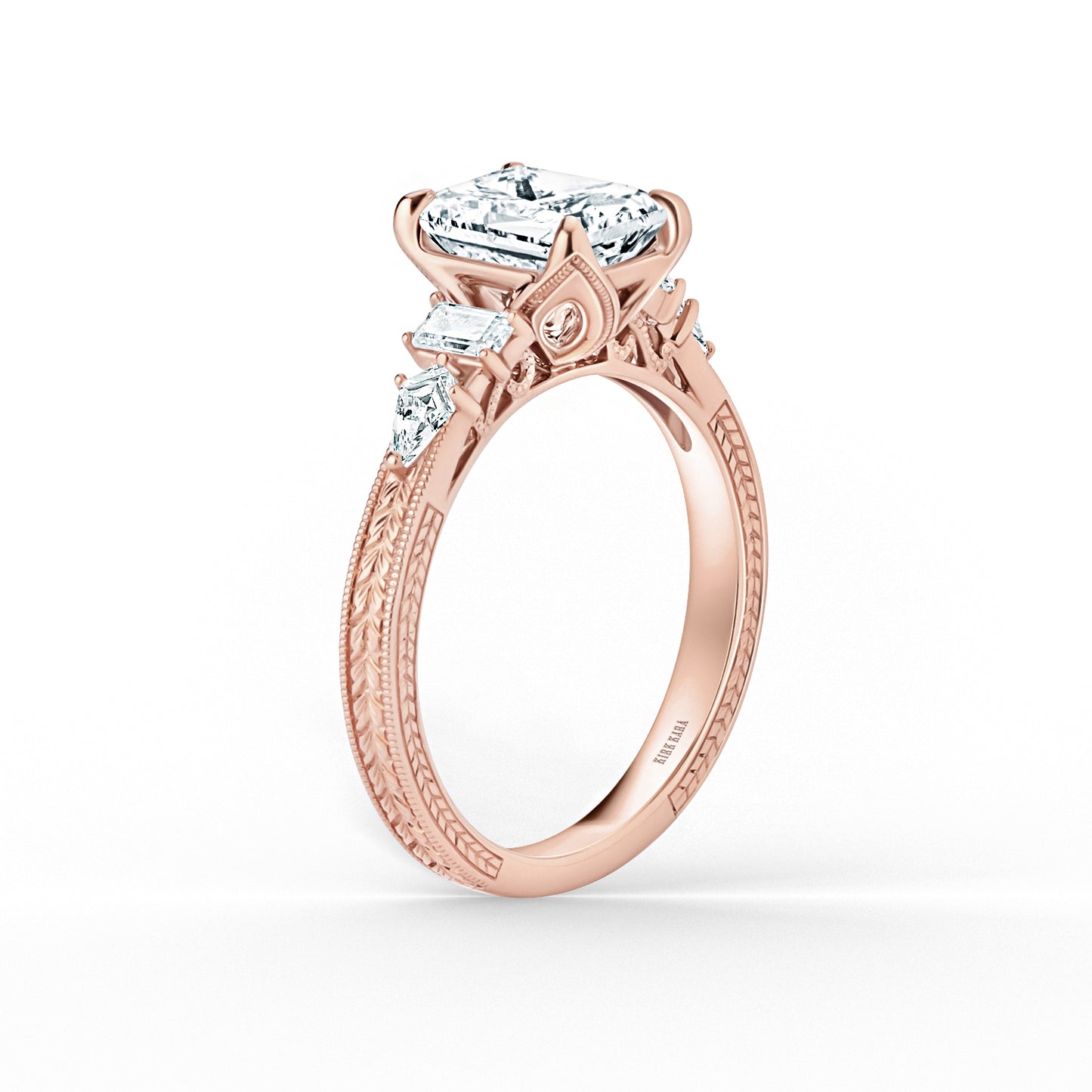 Kite Accent Engraved Cathedral Diamond Engagement Ring