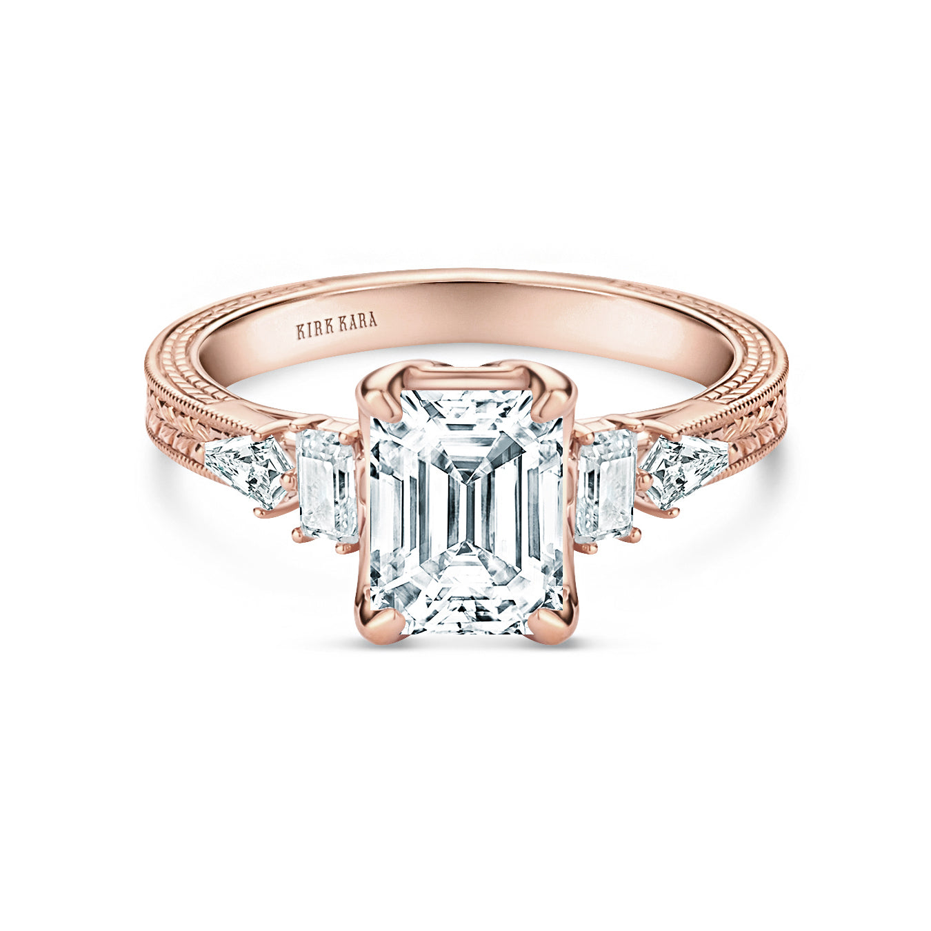 Kite Accent Engraved Cathedral Diamond Engagement Ring