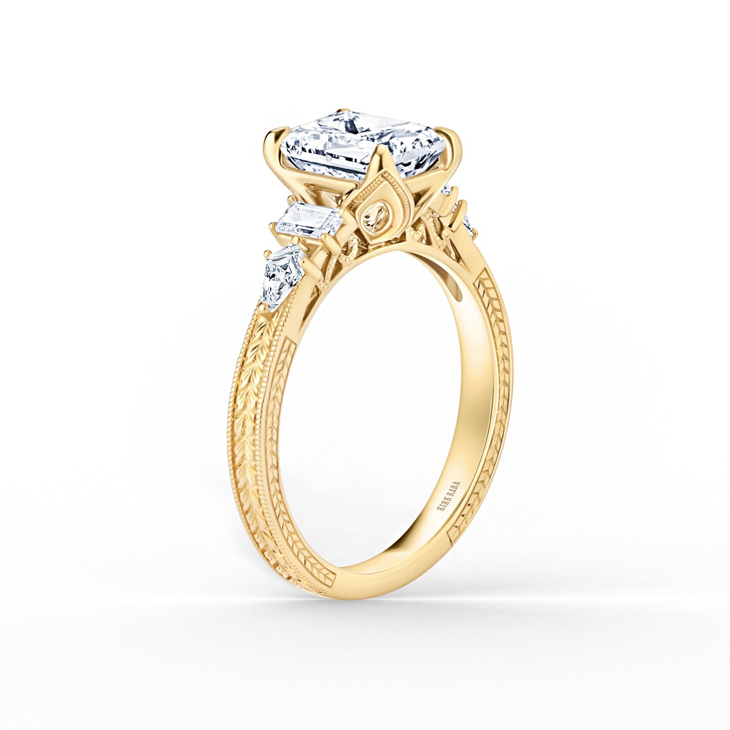Kite Accent Engraved Cathedral Diamond Engagement Ring