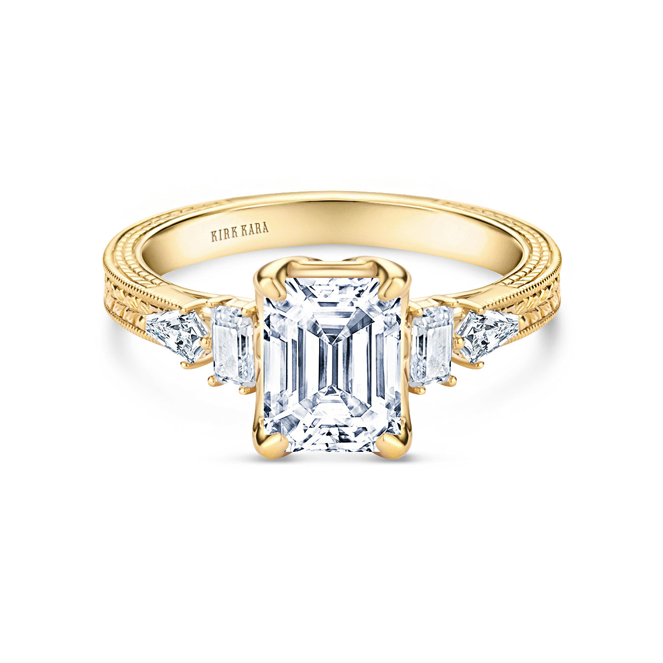 Kite Accent Engraved Cathedral Diamond Engagement Ring