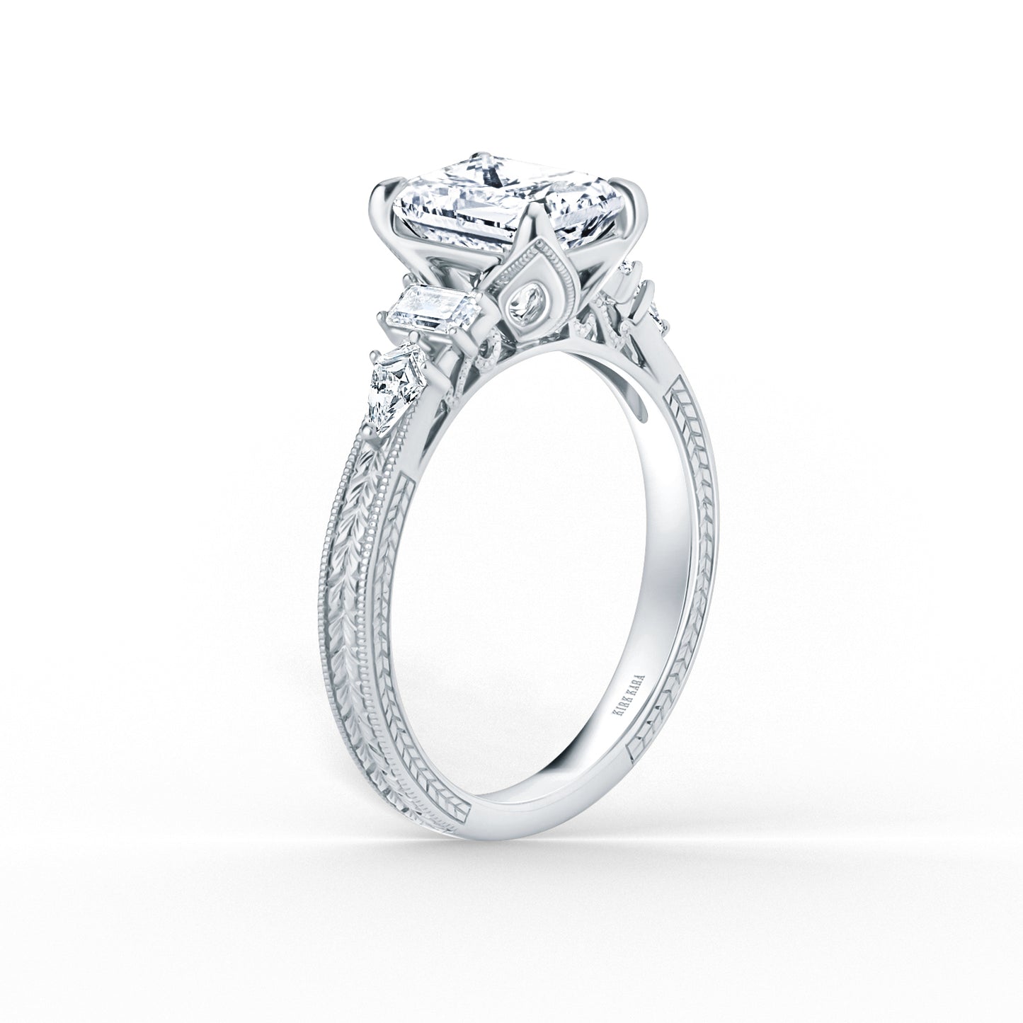 Kite Accent Engraved Cathedral Diamond Engagement Ring