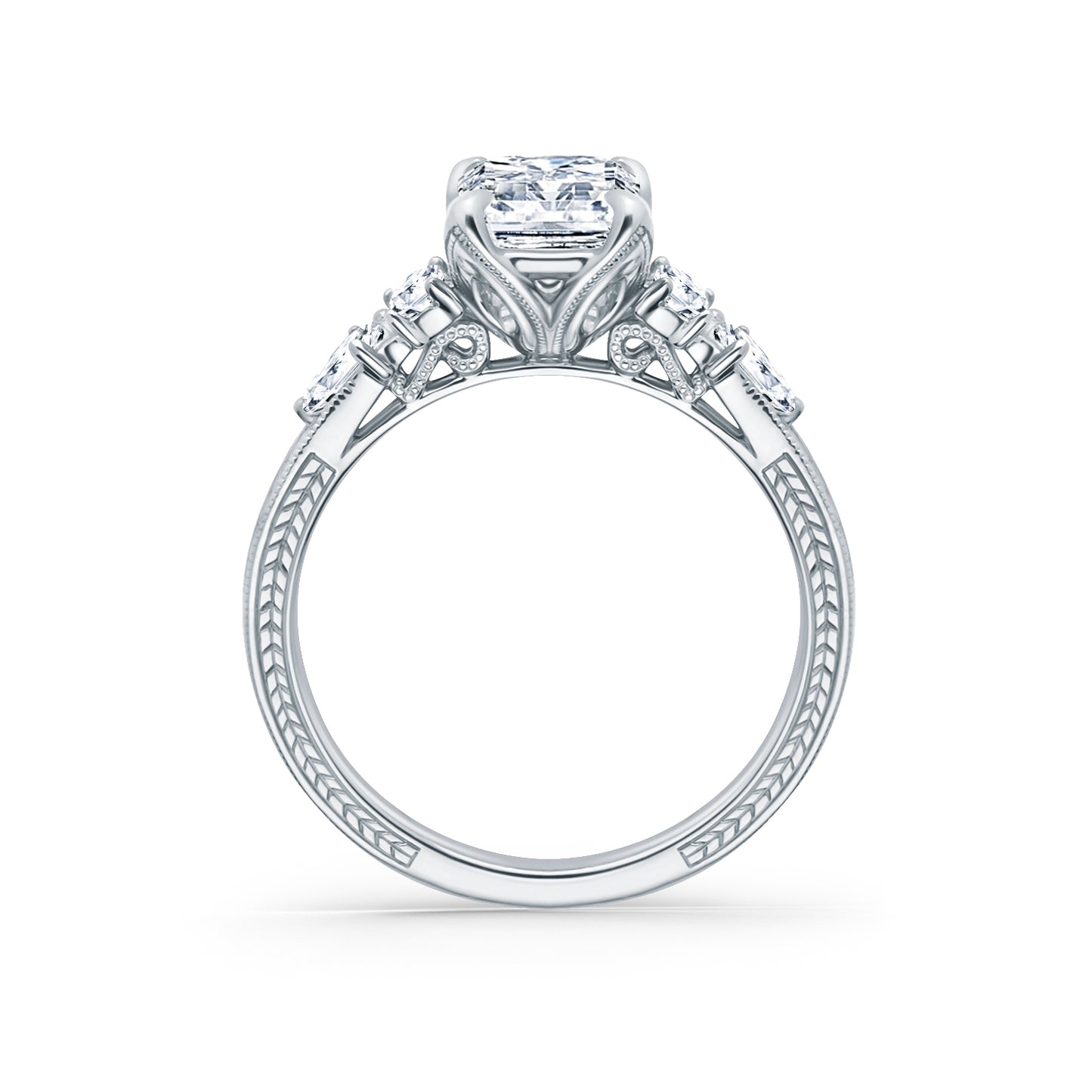 Kite Accent Engraved Cathedral Diamond Engagement Ring