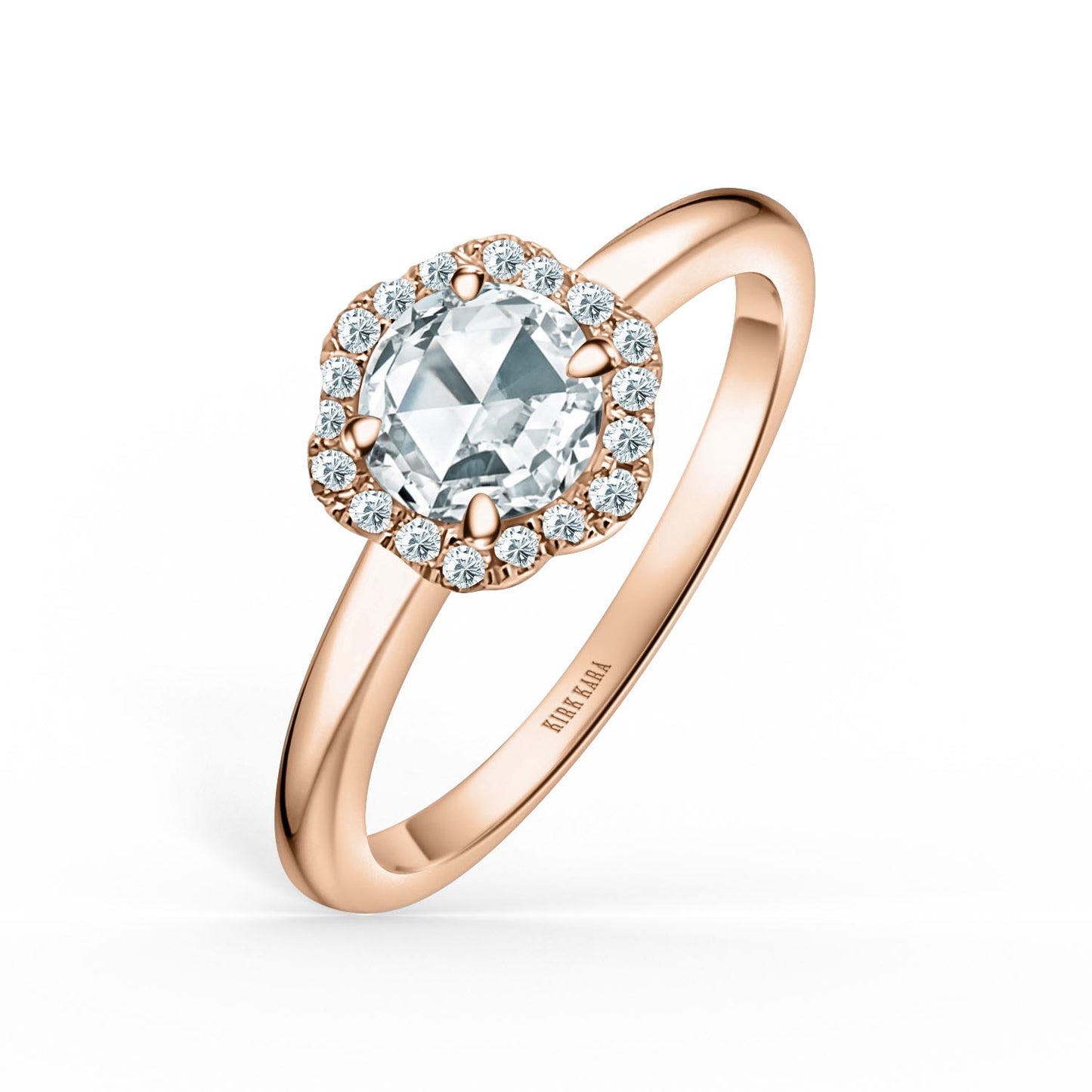 14K Rose Gold Floral Delicate Rose Cut Halo Diamond Engagement Ring