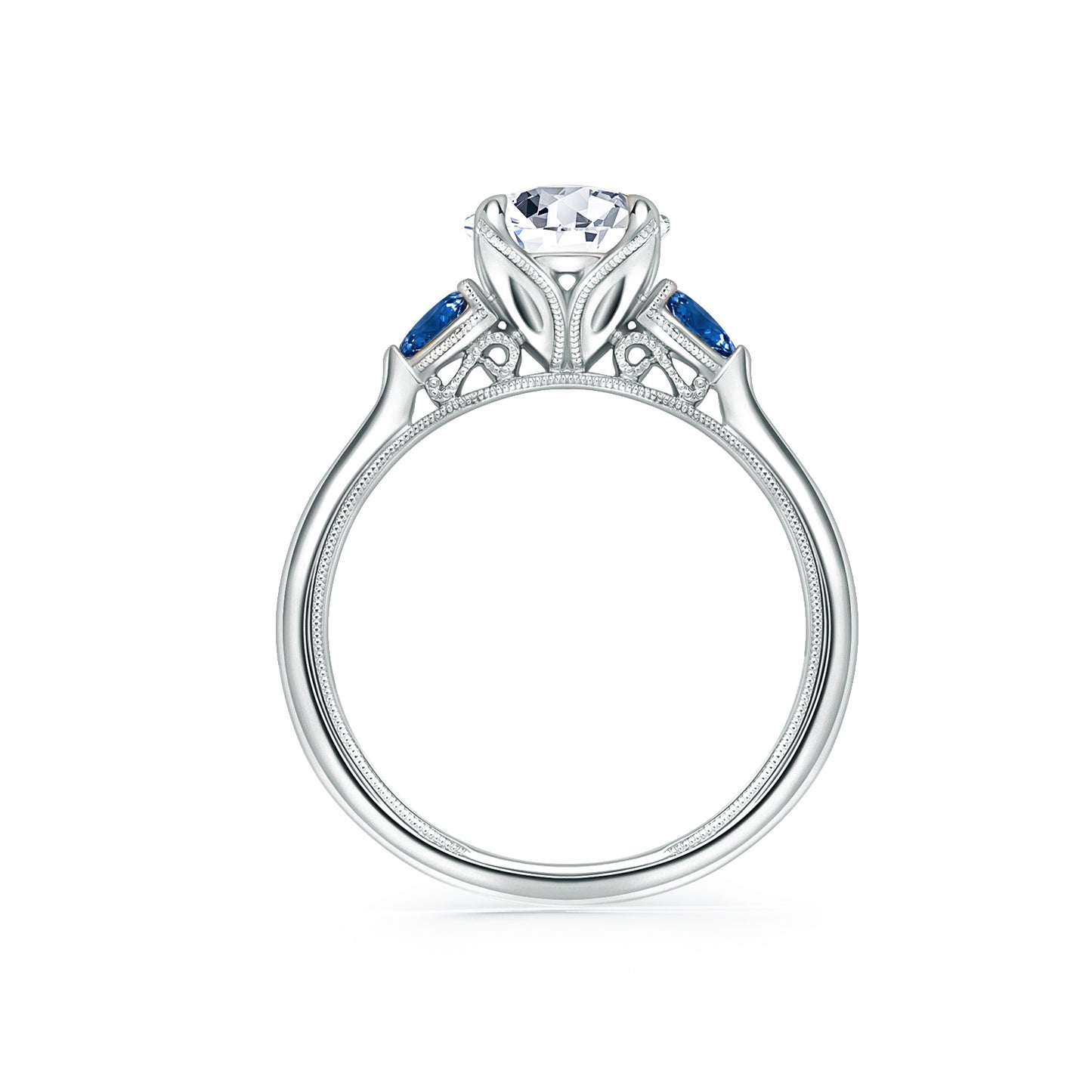Three Stone Blue Sapphire Pear Side Stone Engagement Ring