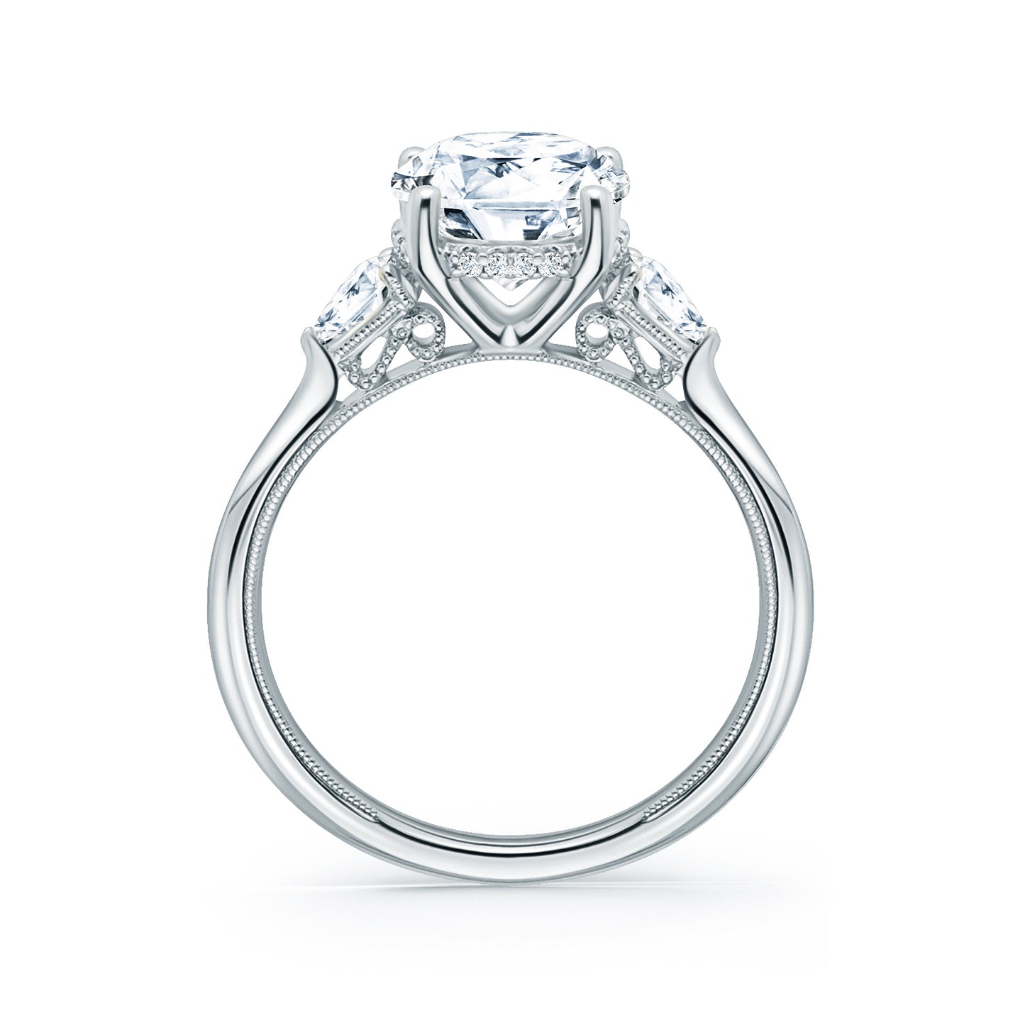 Three Stone Pear Hidden Halo Diamond Engagement Ring