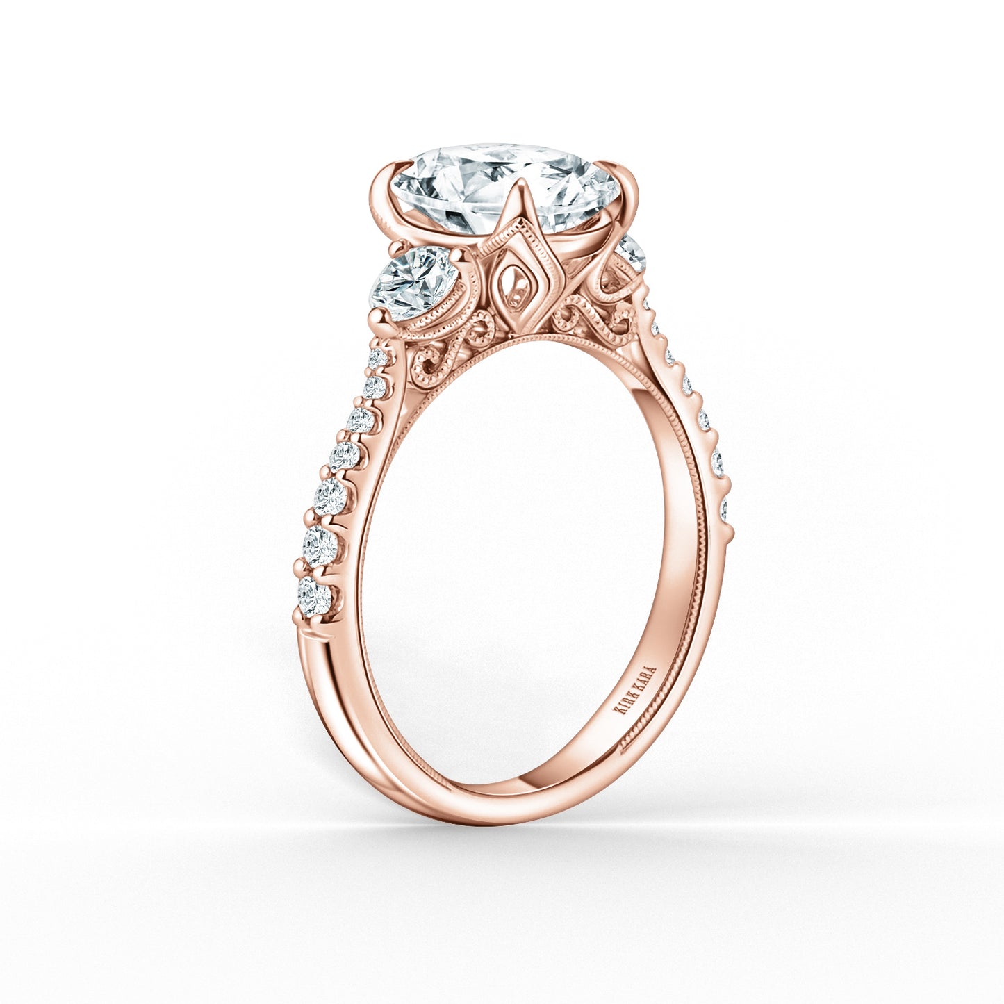 Wide Three Stone Round Side Stone Diamond Accent Engagement Ring