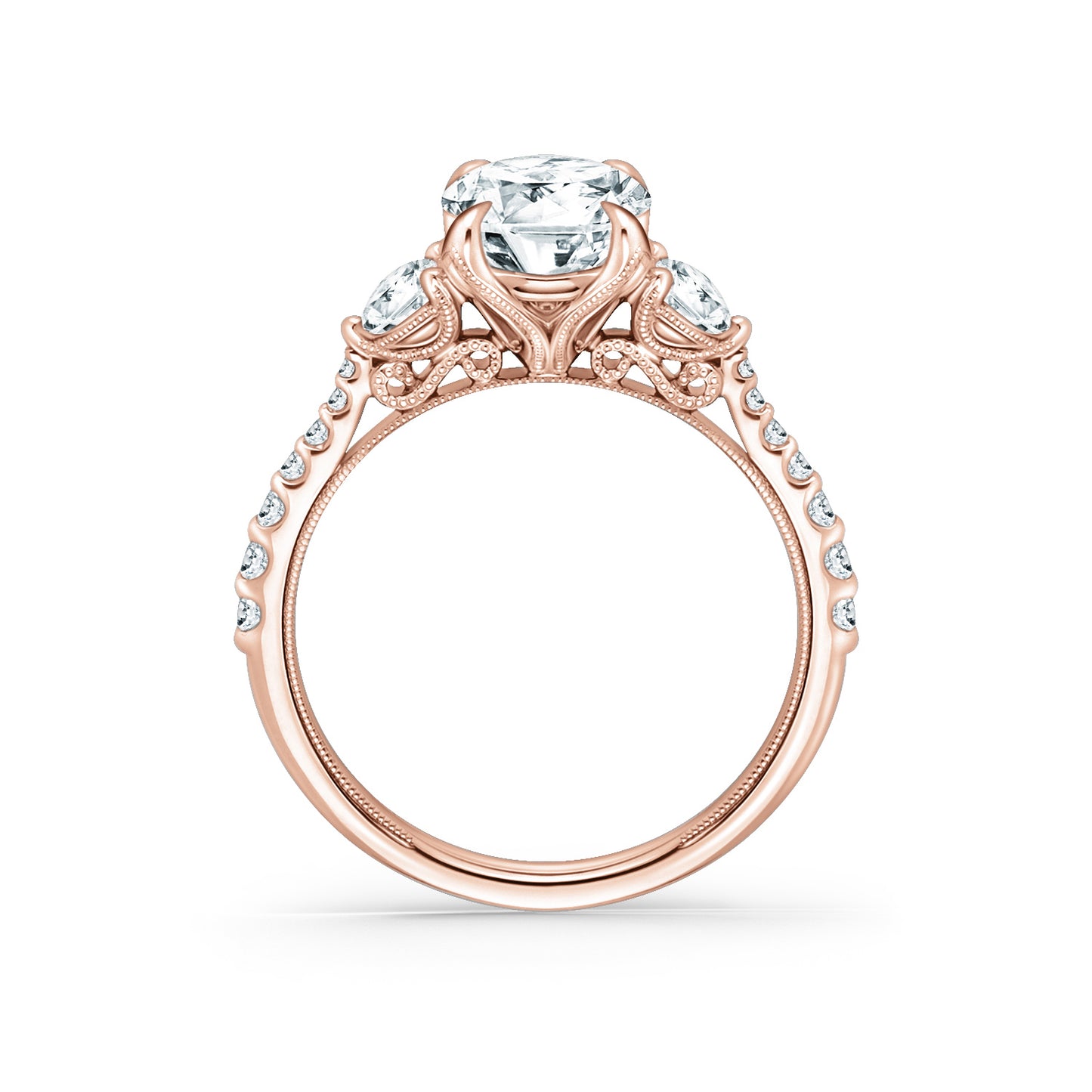 Wide Three Stone Round Side Stone Diamond Accent Engagement Ring