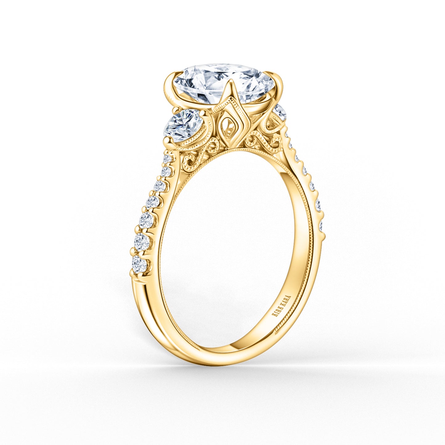 Wide Three Stone Round Side Stone Diamond Accent Engagement Ring