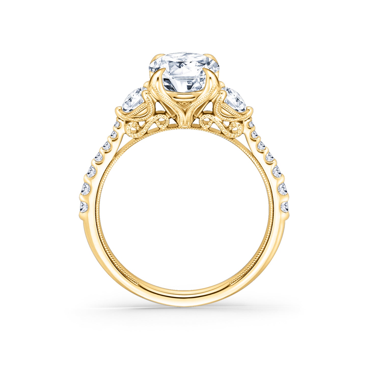 Wide Three Stone Round Side Stone Diamond Accent Engagement Ring