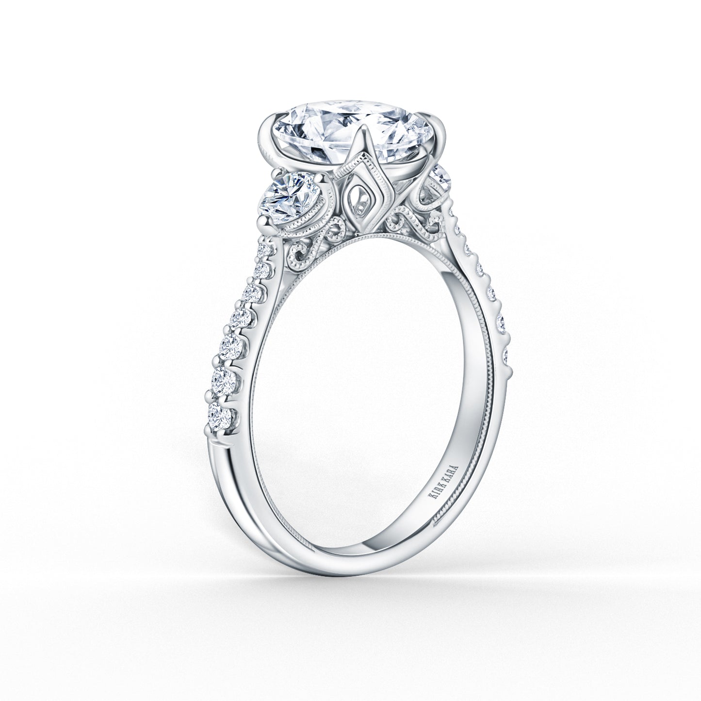 Wide Three Stone Round Side Stone Diamond Accent Engagement Ring