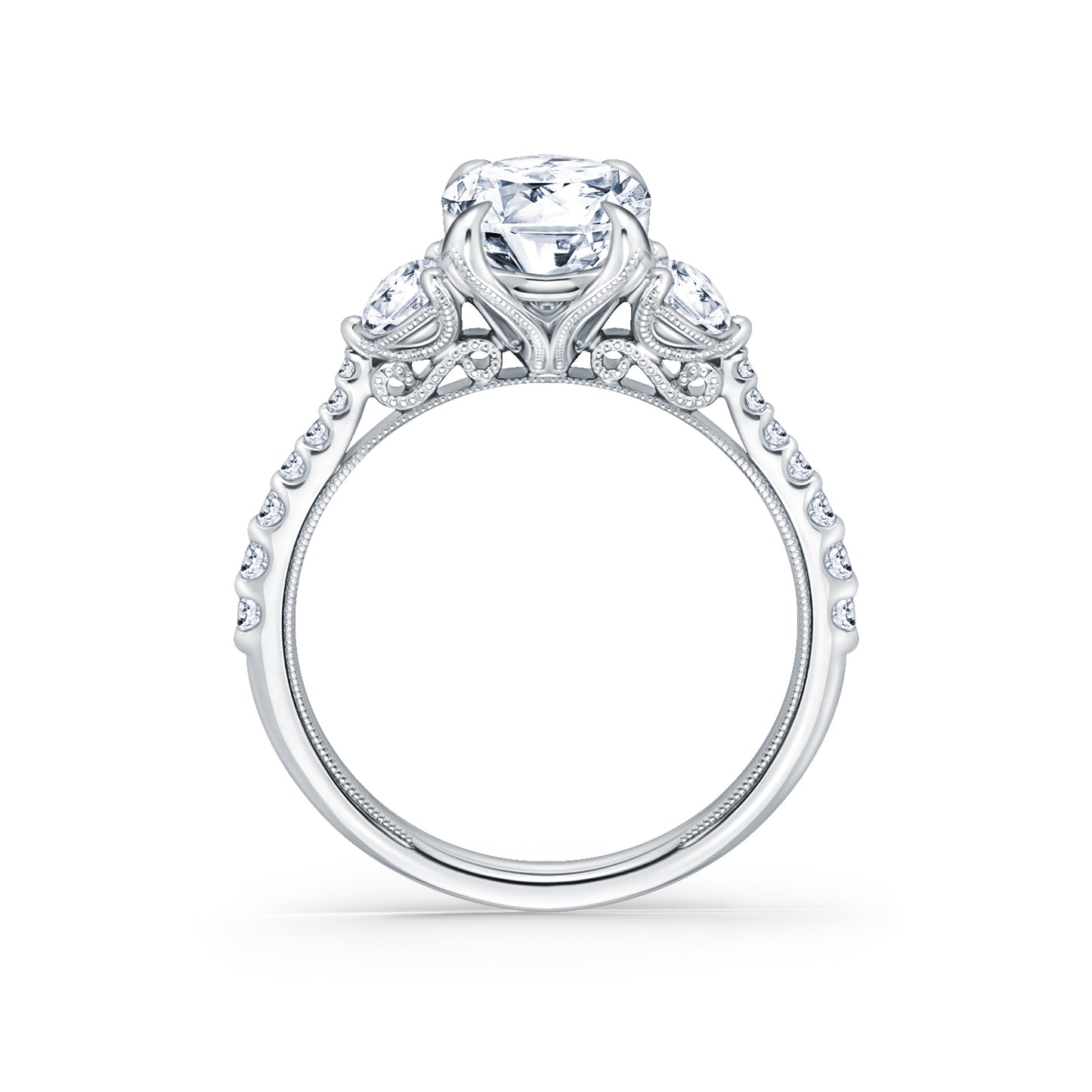 Wide Three Stone Round Side Stone Diamond Accent Engagement Ring