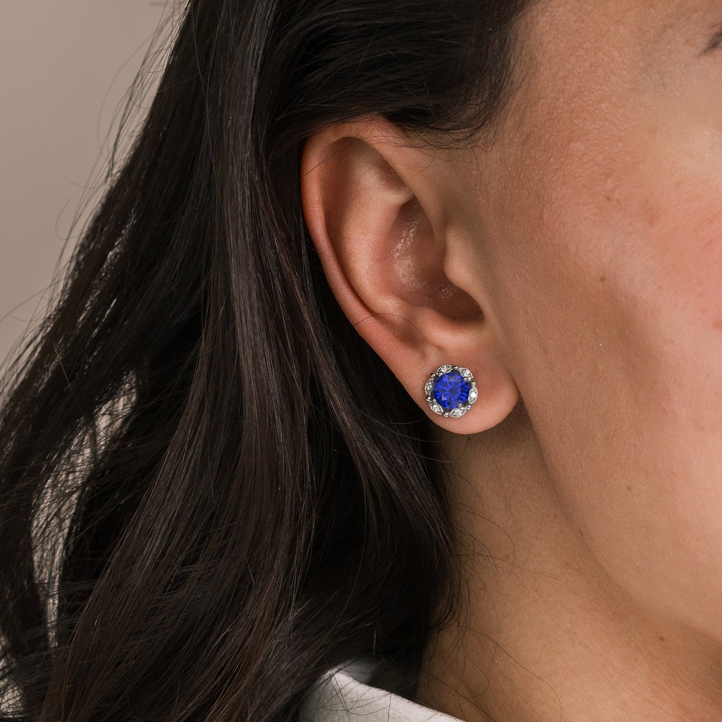 Delicate Floral Blue Sapphire Diamond Stud Earrings