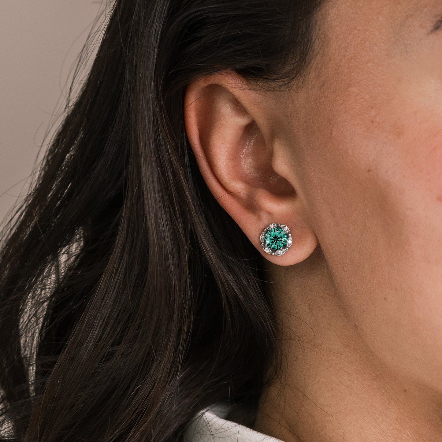 Delicate Floral Green Moissanite Diamond Stud Earrings