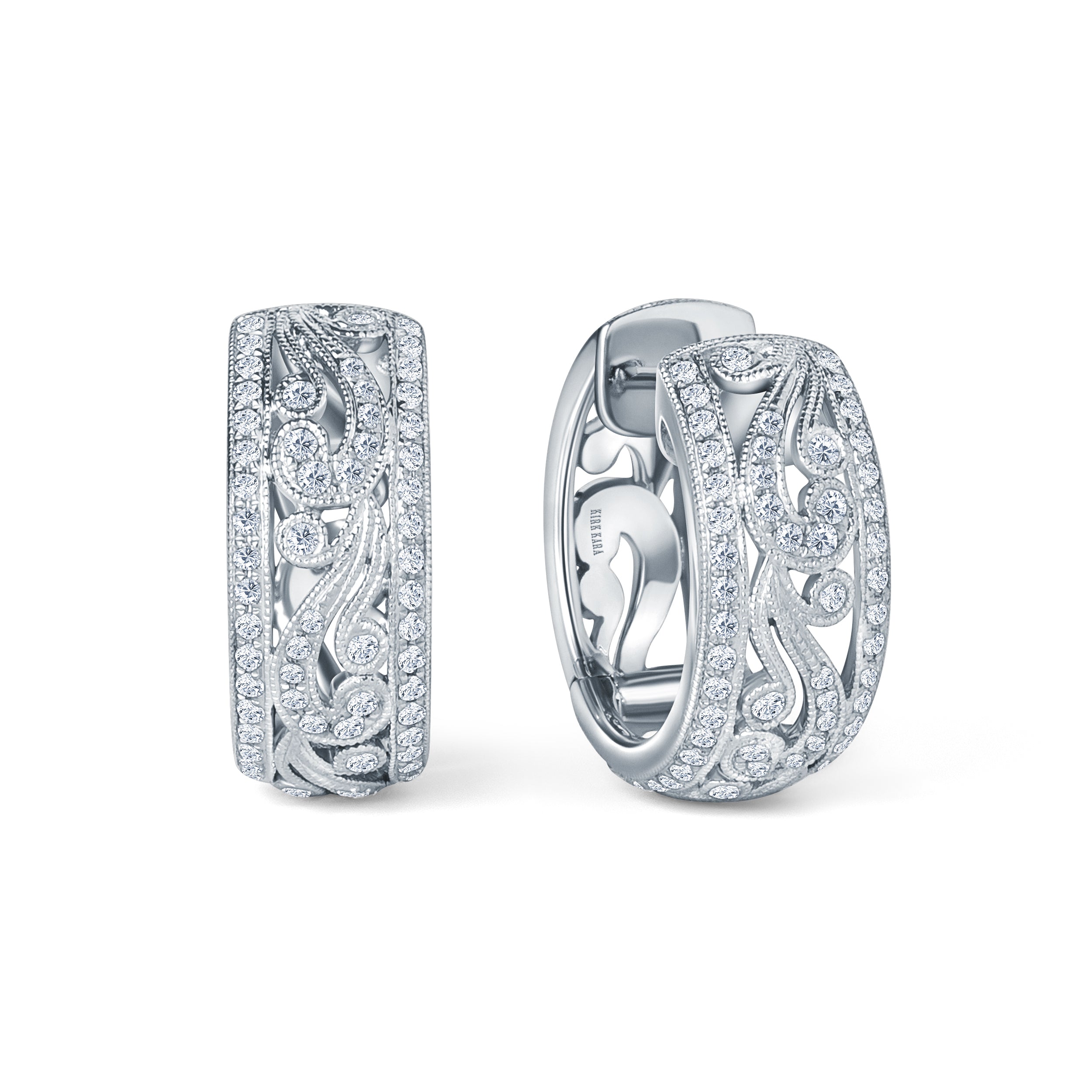 Swirl Milgrain Wide Domed Diamond Hoop Earrings