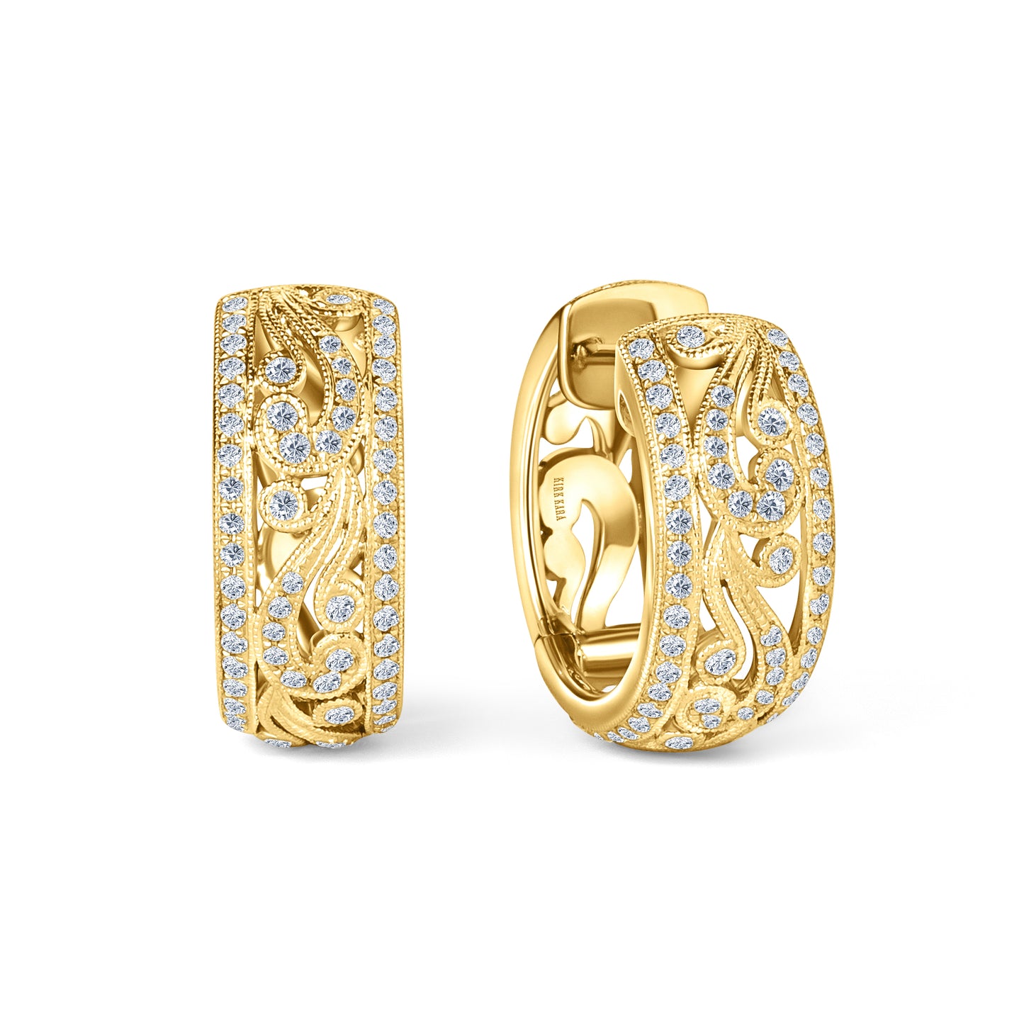 Swirl Milgrain Wide Domed Diamond Hoop Earrings