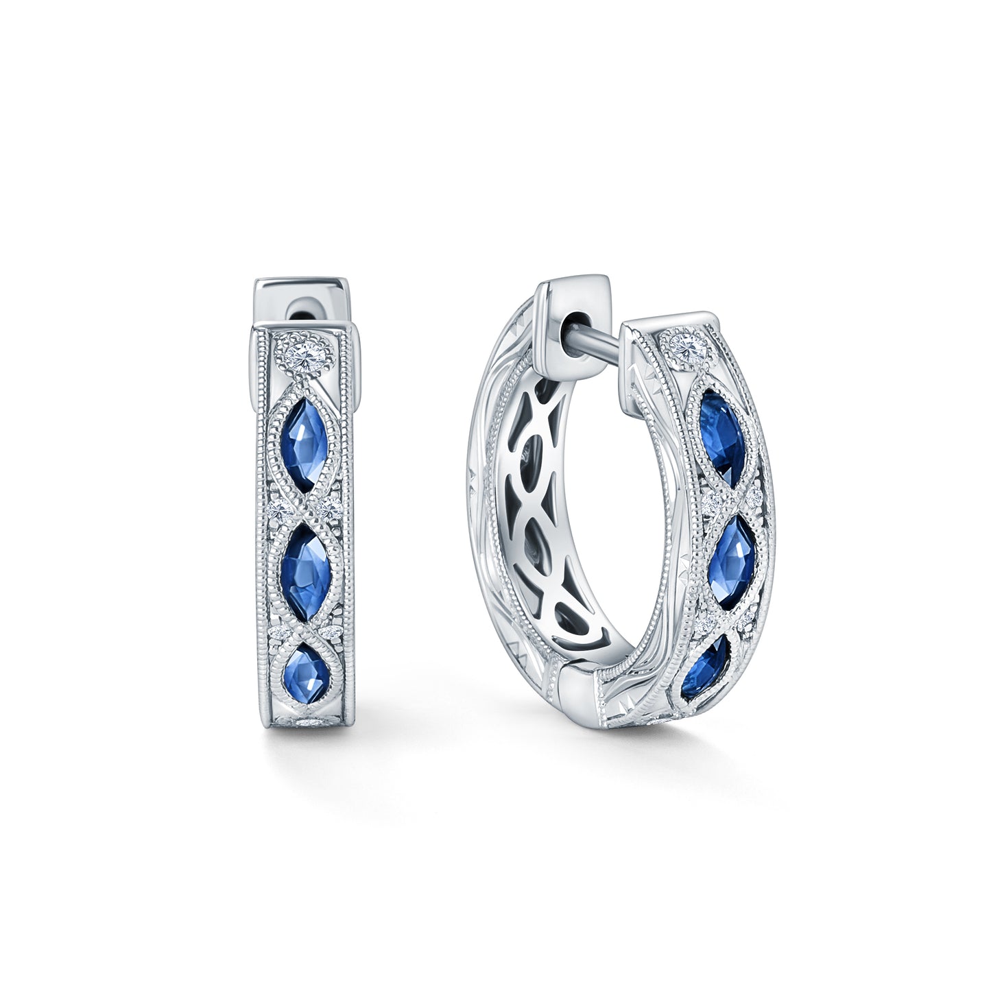 Engraved Blue Sapphire Floral Diamond Hoop Earrings