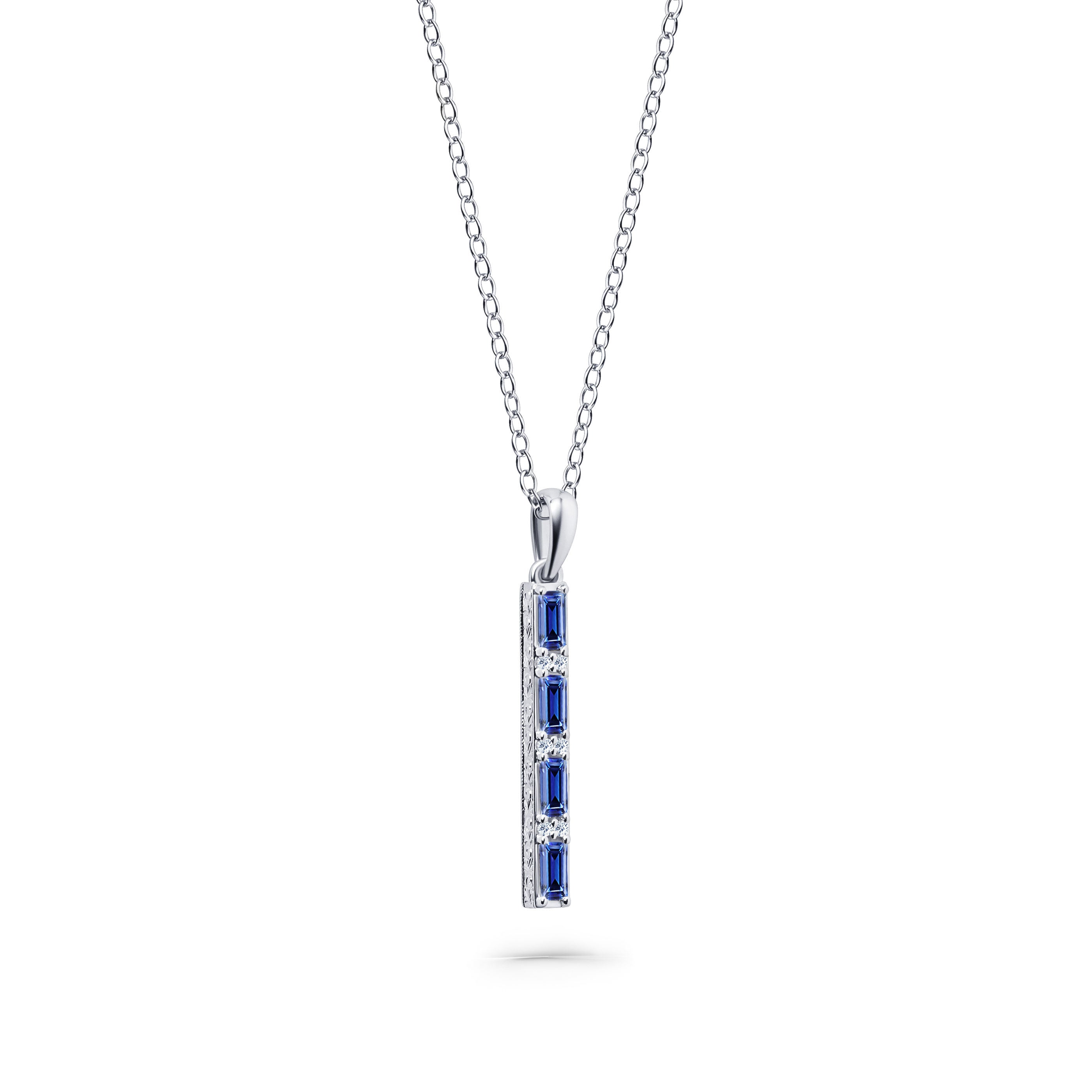 Blue Sapphire Baguette Milgrain Engraved Necklace