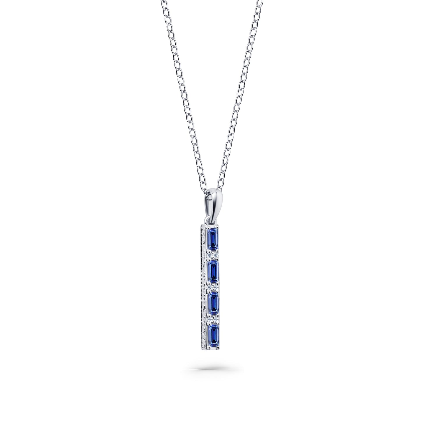 Blue Sapphire Baguette Milgrain Engraved Necklace